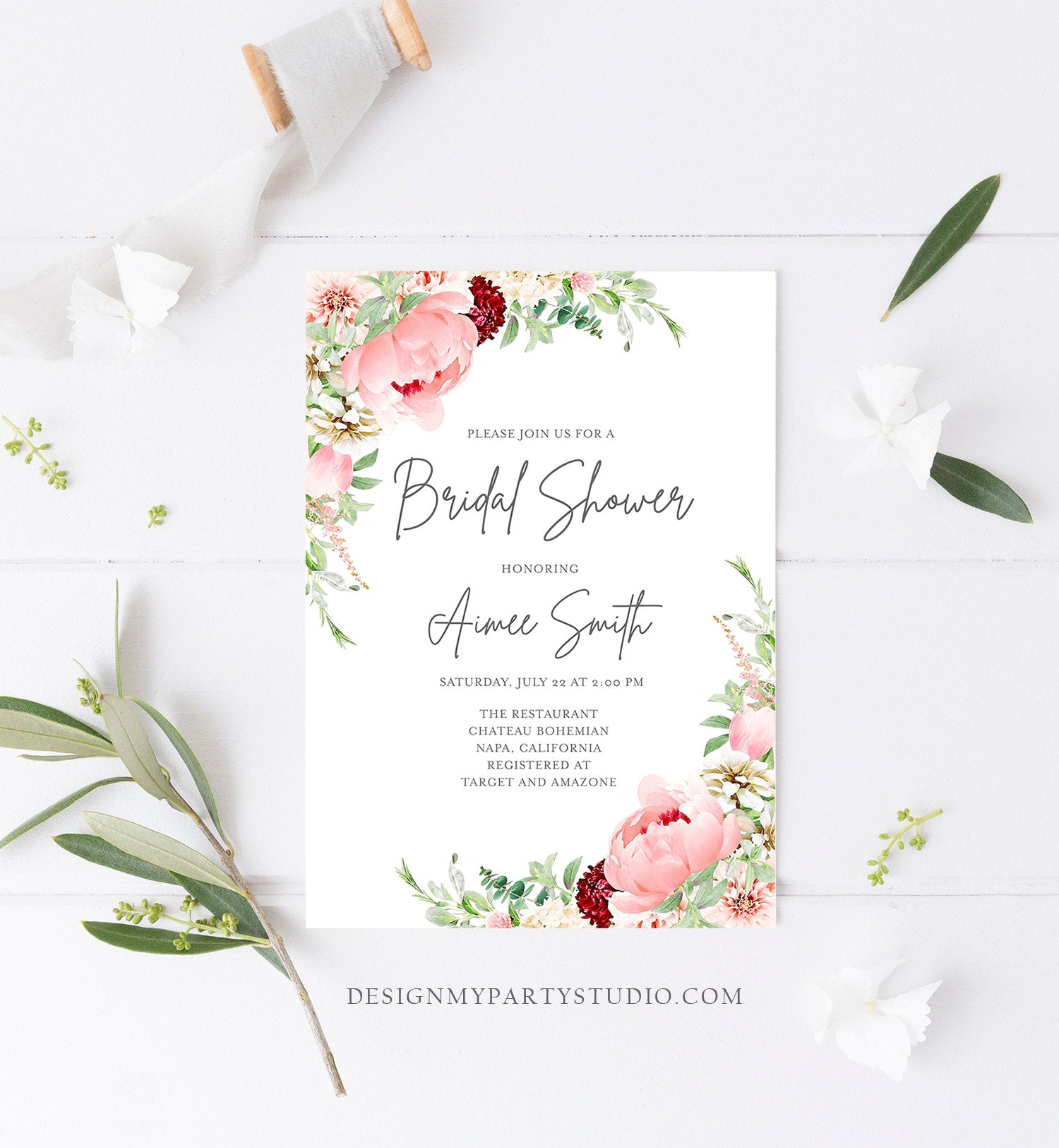 Editable Botanical Flowers Bridal Shower Invitation Floral Greenery Wedding Pastel Pink Peony Colors Digital Corjl Template Printable 0167