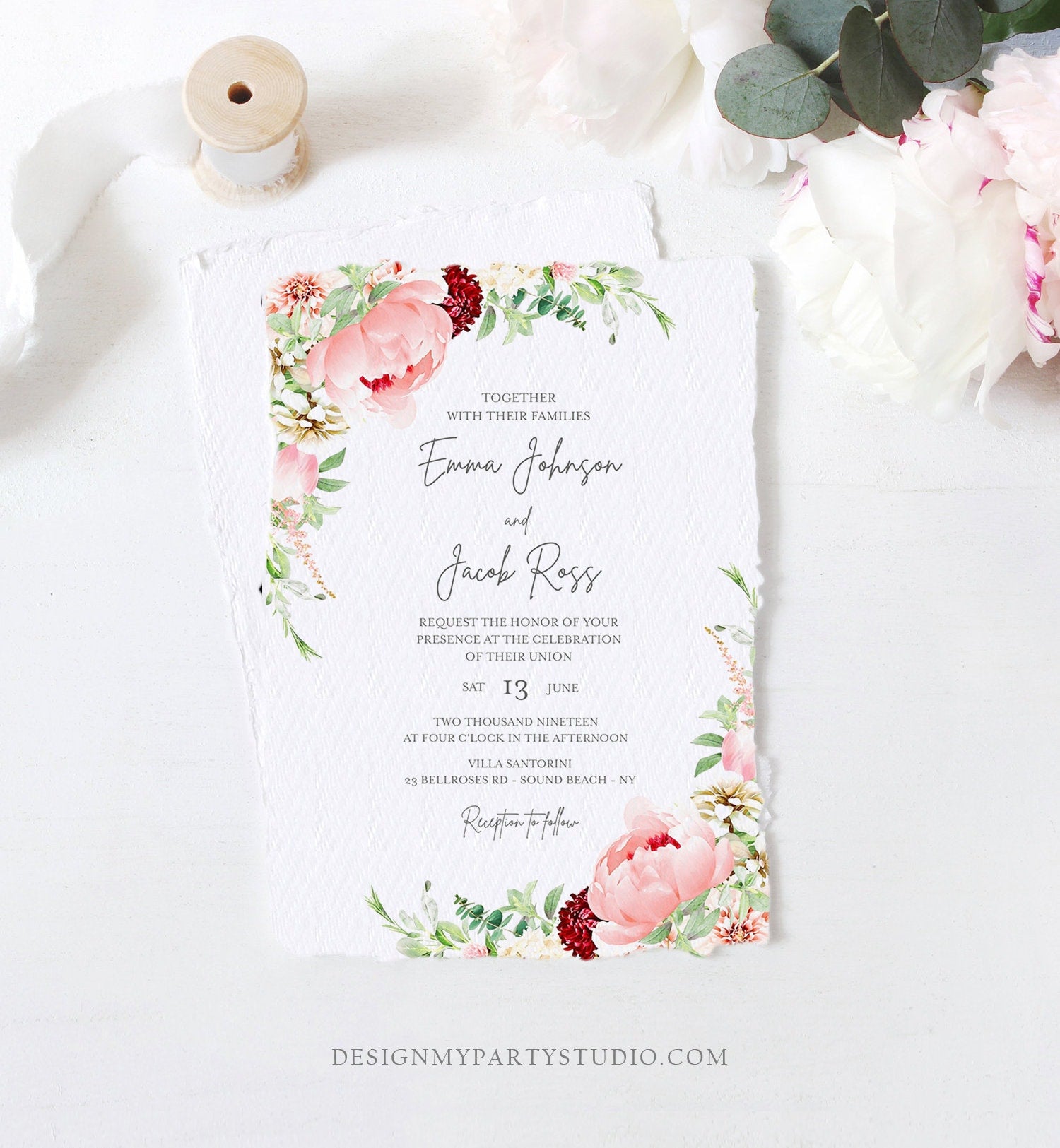 Editable Botanical Flowers Wedding Invitation Floral Greenery Bridal Shower Pastel Pink Peony Colors Digital Corjl Template Printable 0167