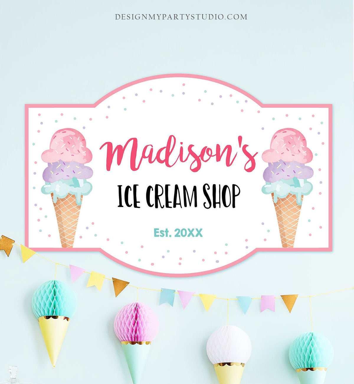 Editable Ice Cream Shop Sign Ice Cream Birthday Welcome Ice Cream Parlor Girl Summer Pink Purple Mint Summer Template PRINTABLE Corjl 0243