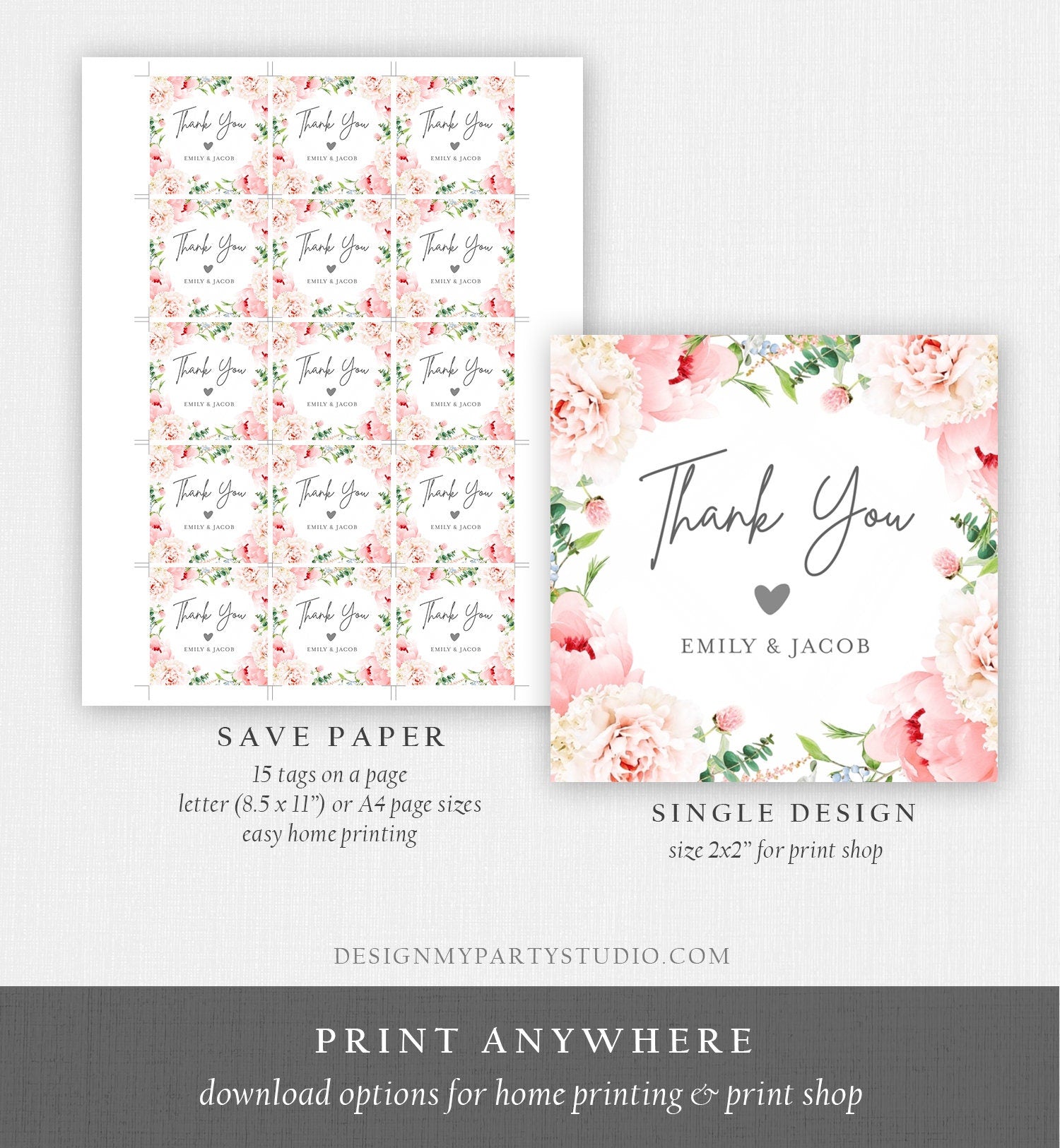 Editable Botanical Flowers Favor Tag Round Square Bridal Shower Wedding Thank You Pink Floral Peony Stickers Digital Template Printable 0167