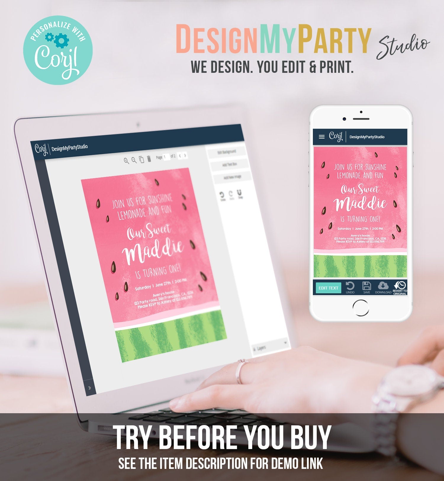 Editable Watermelon Birthday Invitation One in a Melon Invite Melon Party Summer Lemonade Digital Download Corjl Template Printable 0250