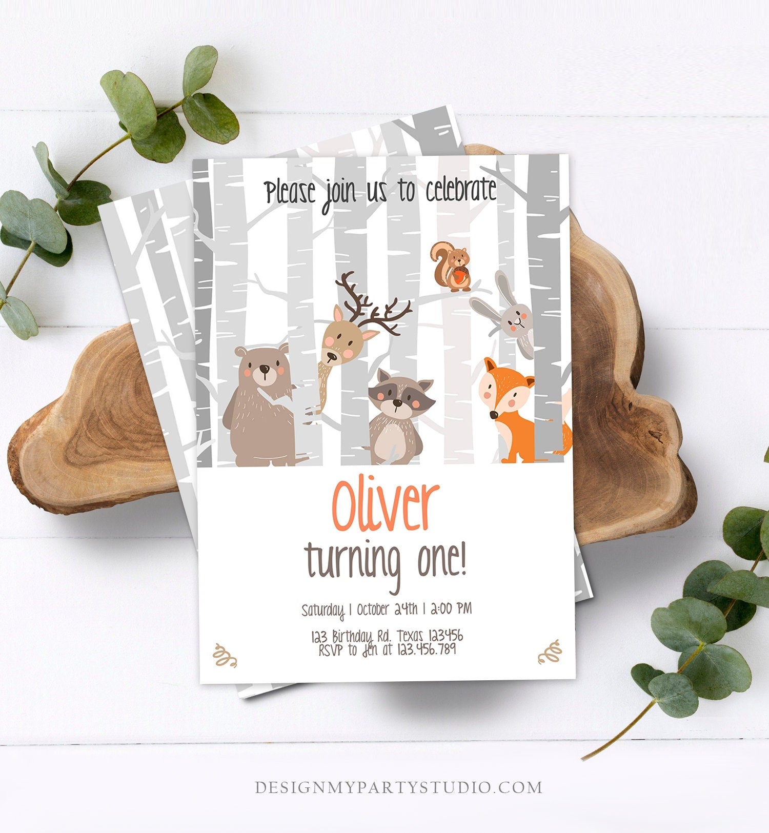 Editable Birthday Invitation Woodland First Birthday Forest Animals Bear Fox Birch Trees Simple Boy Download Printable Template Corjl 0010