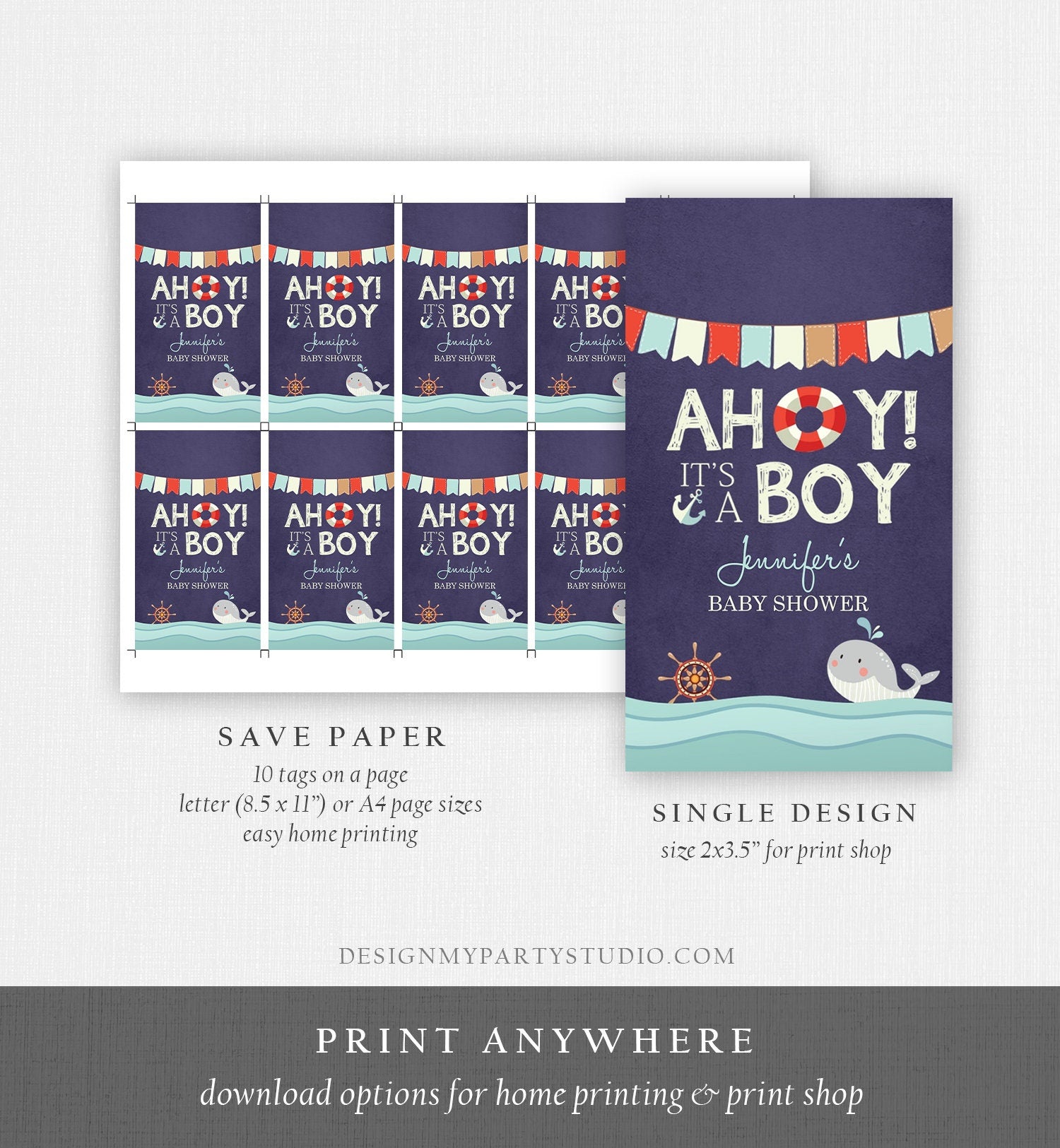 Editable Ahoy Its A Boy Baby Shower Favor Tags Nautical Gift tags Ocean Boy Shower Whale Navy Shower Label Sprinkle Tags Template Corjl 0018