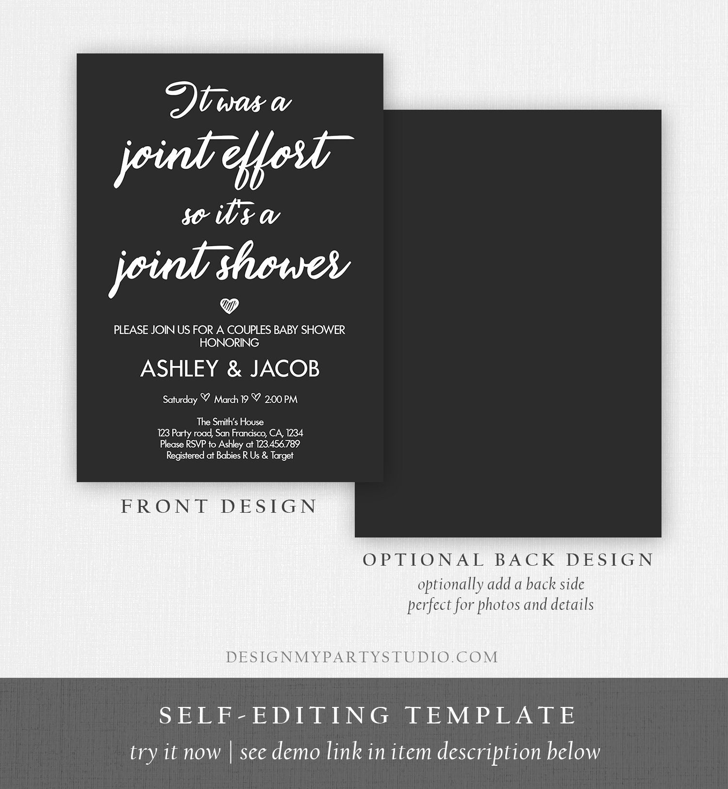 Editable Couples Baby Shower Invitation Coed Baby Shower Joint Funny Black Modern Simple Neutral Download Template Corjl Printable 0311