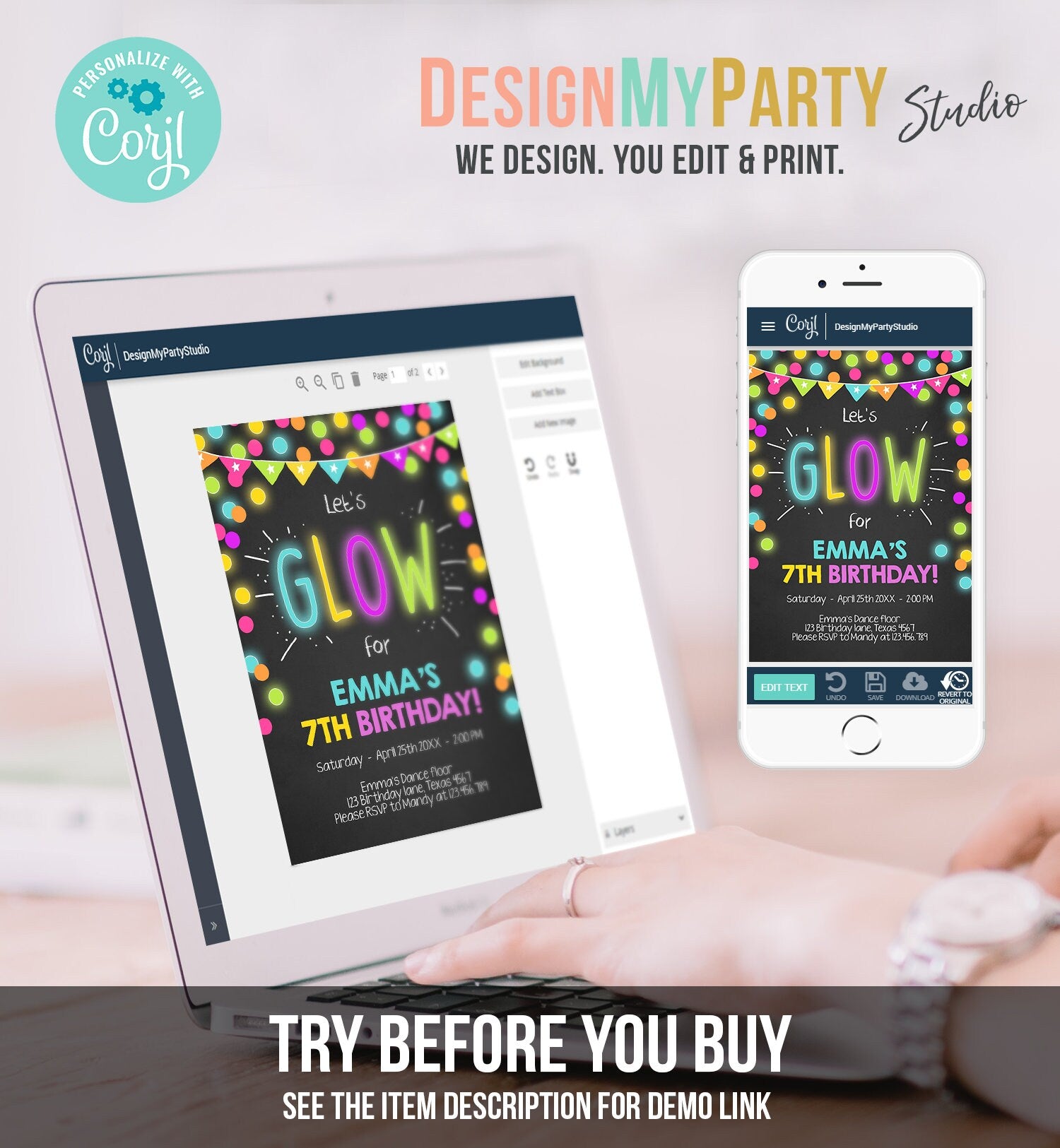 Editable Glow Birthday Invitation Glow Party Invite Neon Glow In The Dark Party Girls Teen Pink Download Printable Template Corjl 0310