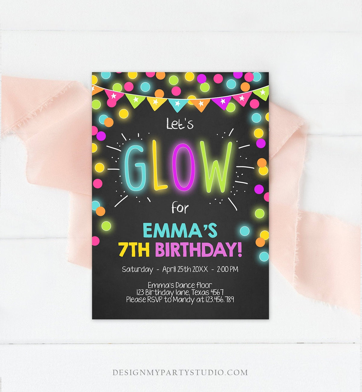 Editable Glow Birthday Invitation Glow Party Invite Neon Glow In The Dark Party Girls Teen Pink Download Printable Template Corjl 0310