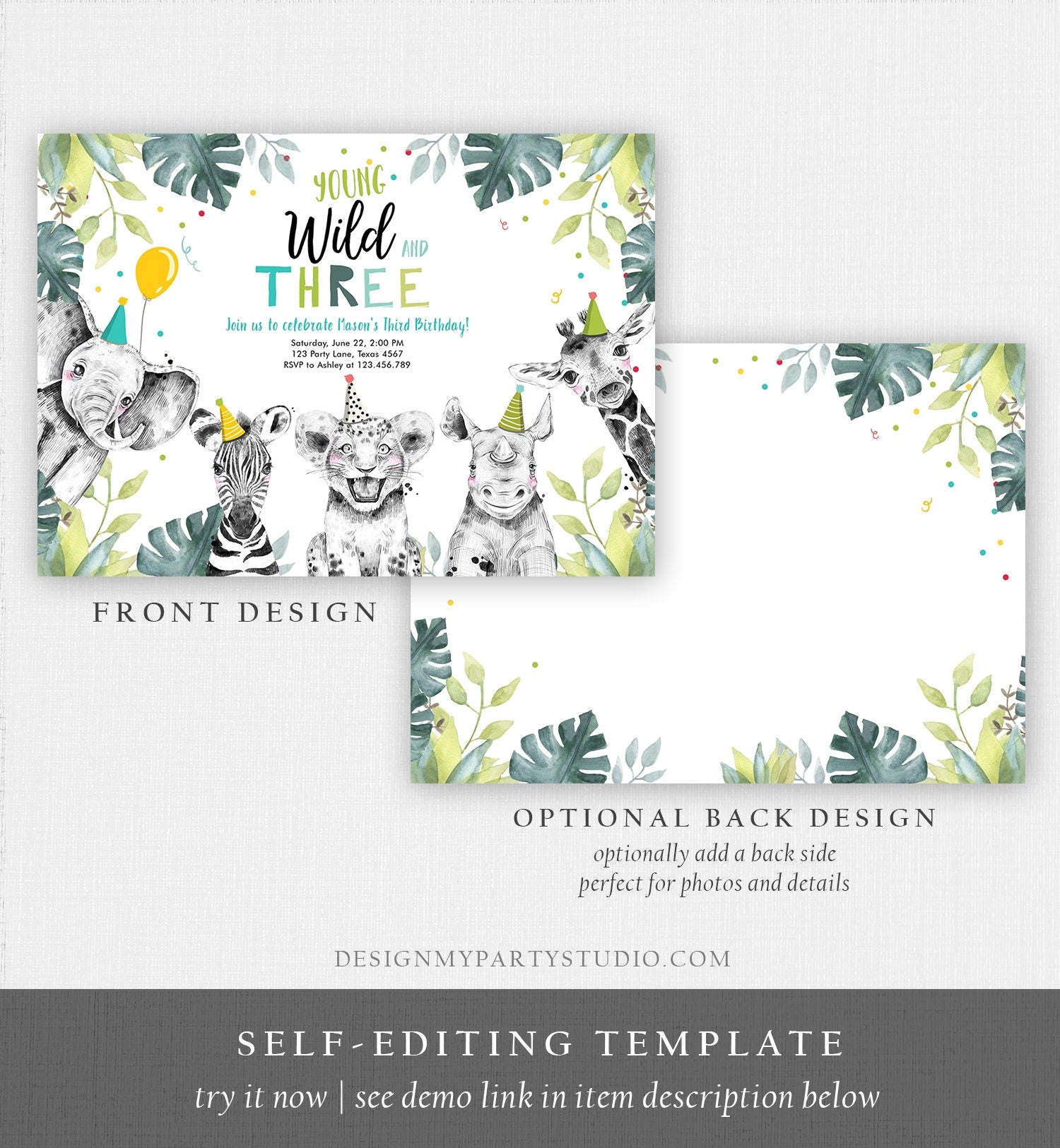 Editable Young Wild and Three Invitation Boy Safari Animals Zoo Wild Third Birthday 3rd Party Animals Printable Template Digital Corjl 0322