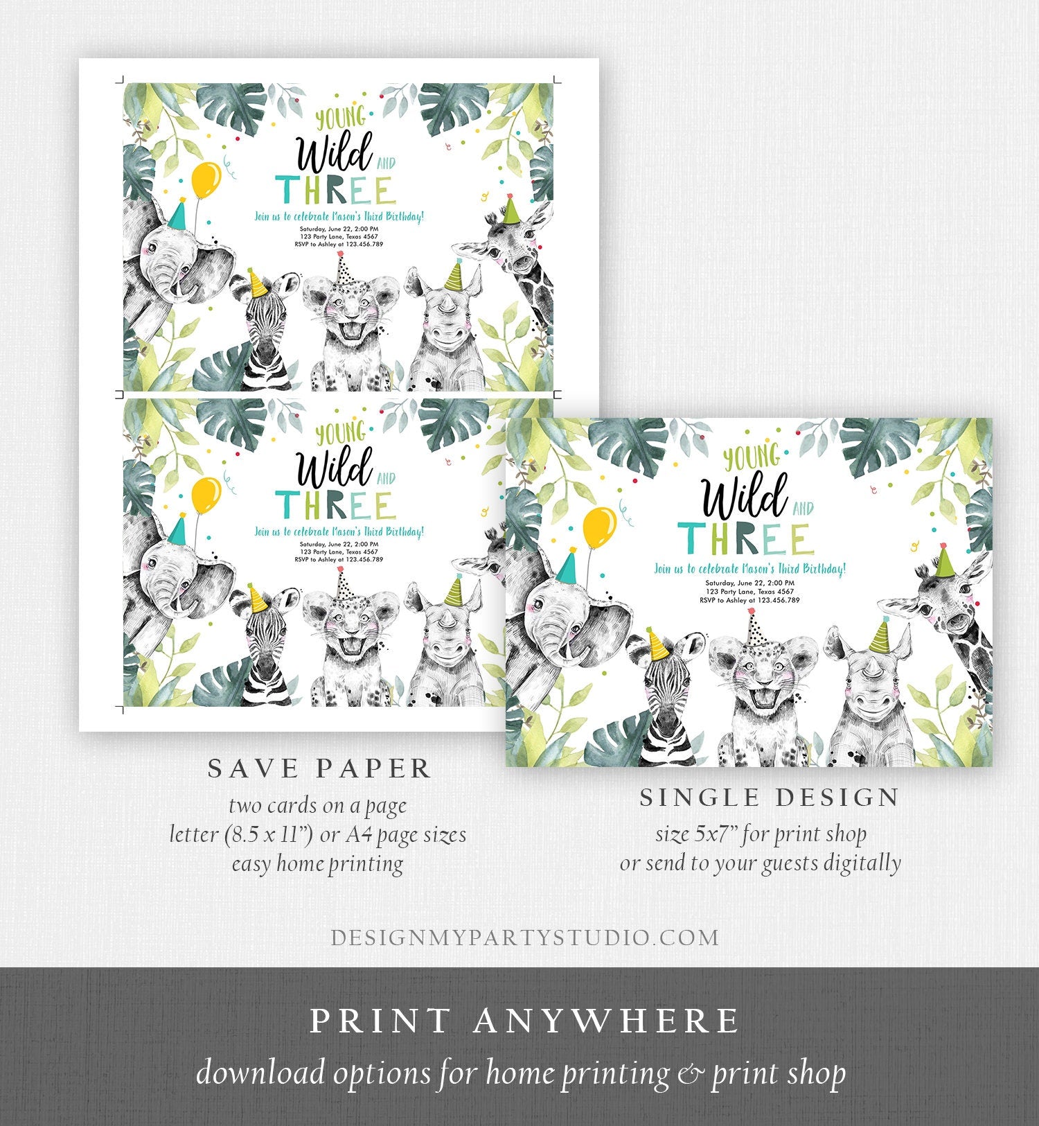 Editable Young Wild and Three Invitation Boy Safari Animals Zoo Wild Third Birthday 3rd Party Animals Printable Template Digital Corjl 0322