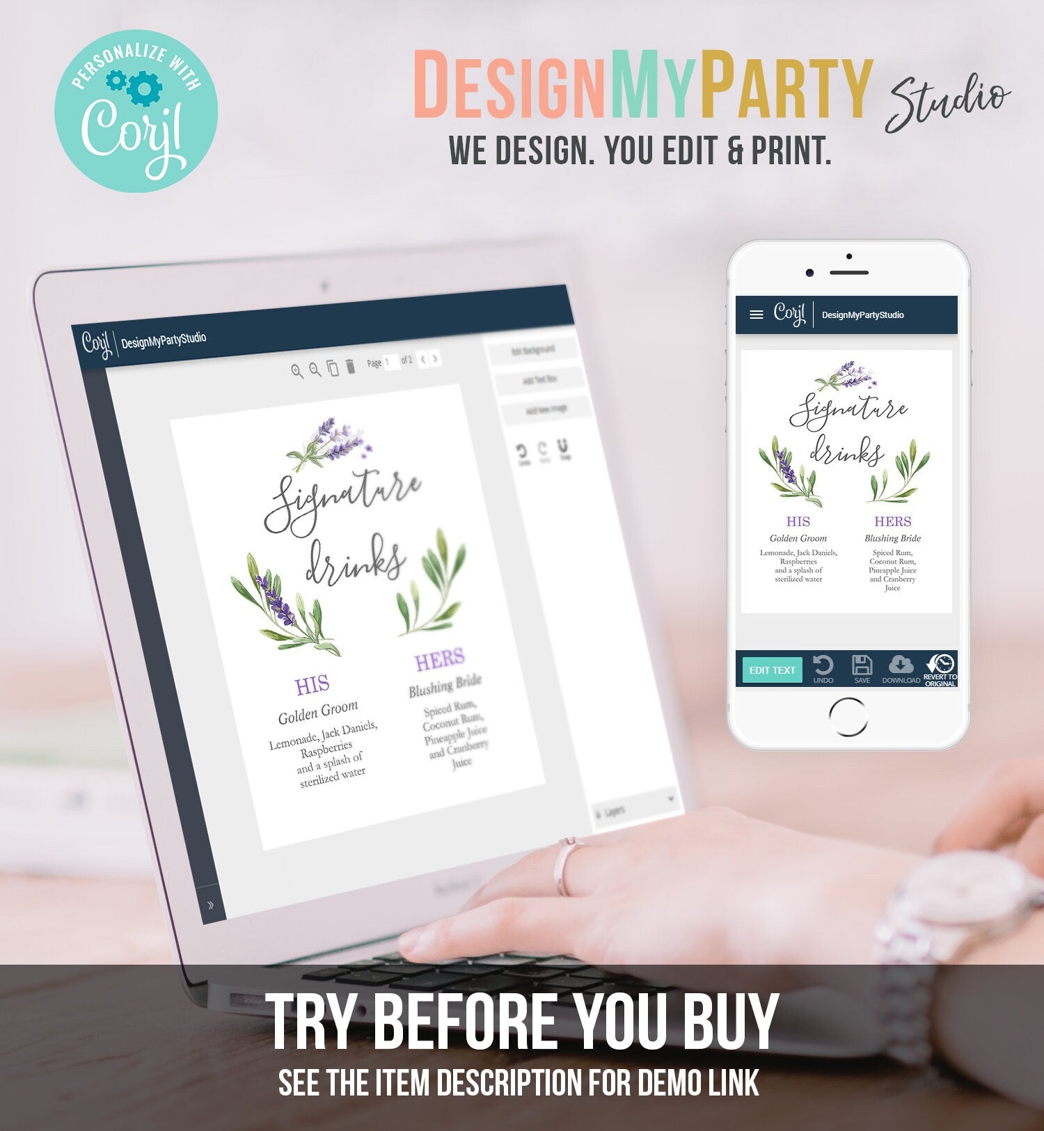 Editable Lavender Signature Drinks Sign Bridal Shower Wedding Drinks Table Sign Drinks Menu Greenery Floral Corjl Template Printable 0206