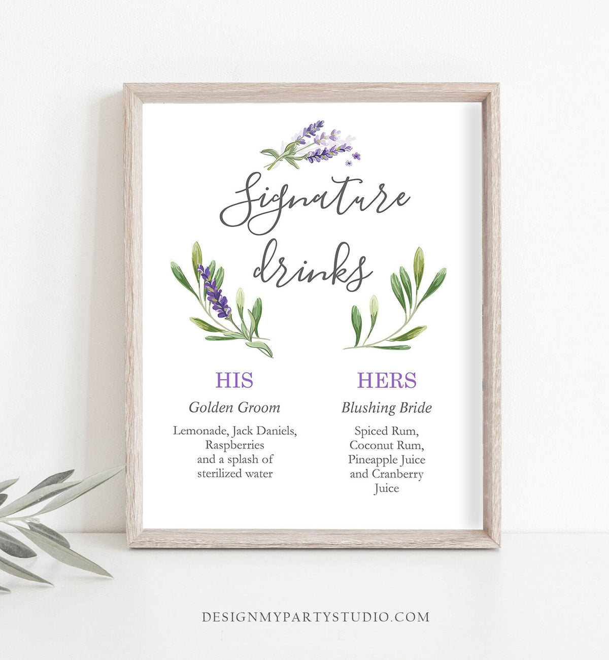 Editable Lavender Signature Drinks Sign Bridal Shower Wedding Drinks Table Sign Drinks Menu Greenery Floral Corjl Template Printable 0206