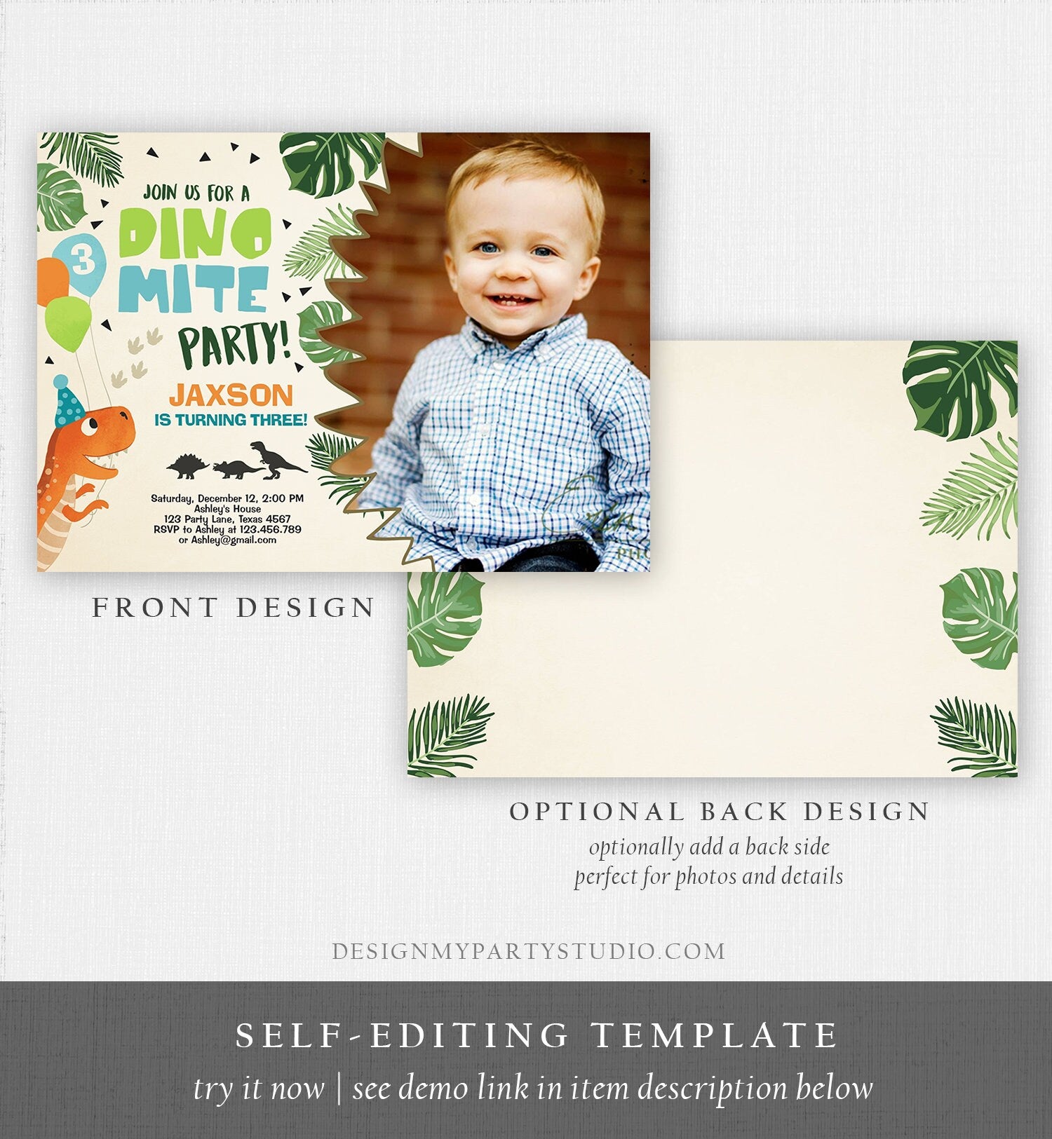 Editable Dinosaur Birthday Invitation Dino mite T-Rex Dig Party Prehistoric Boy Dino Fossil Download Printable Invite Template Corjl 0074