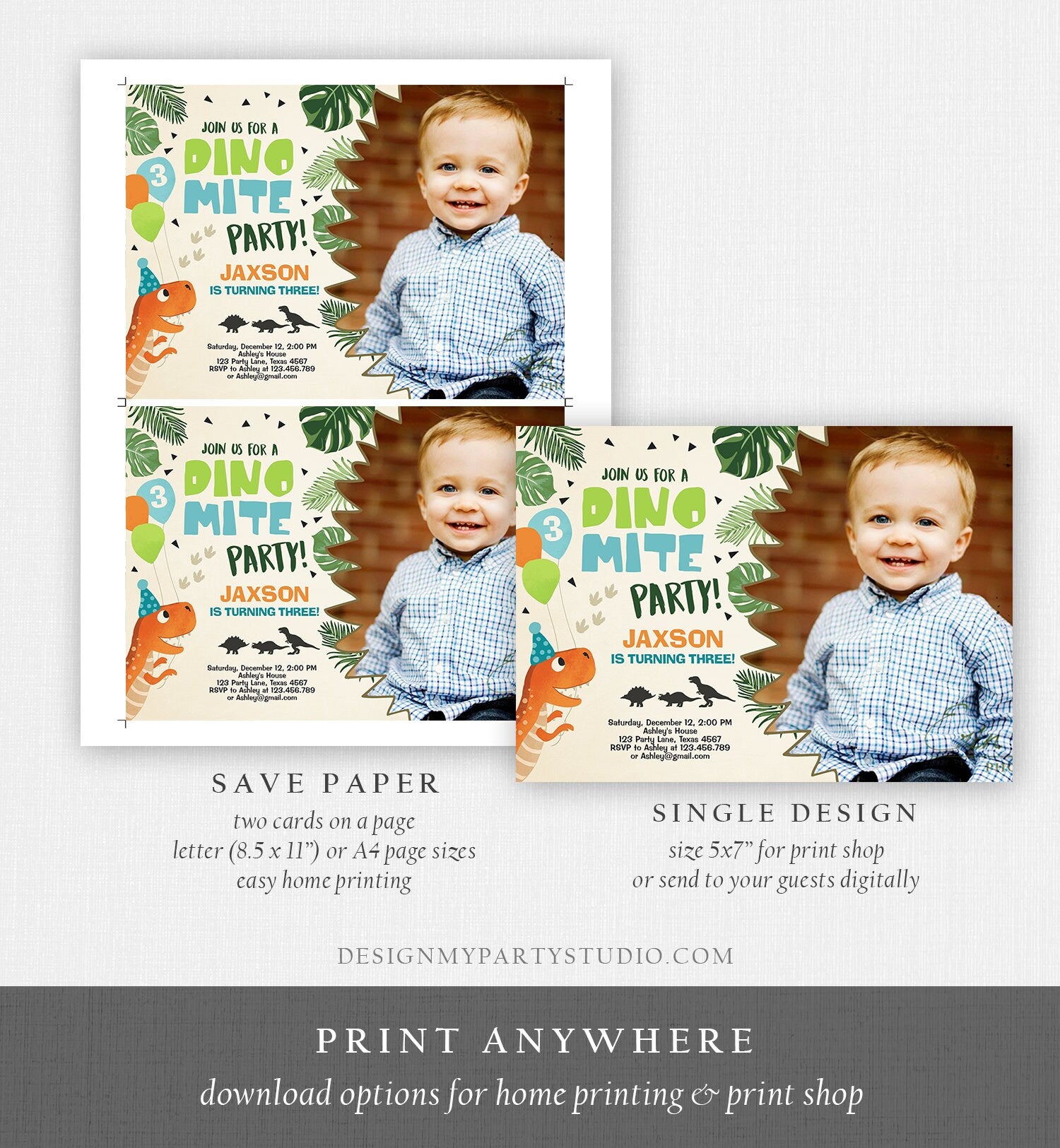 Editable Dinosaur Birthday Invitation Dino mite T-Rex Dig Party Prehistoric Boy Dino Fossil Download Printable Invite Template Corjl 0074