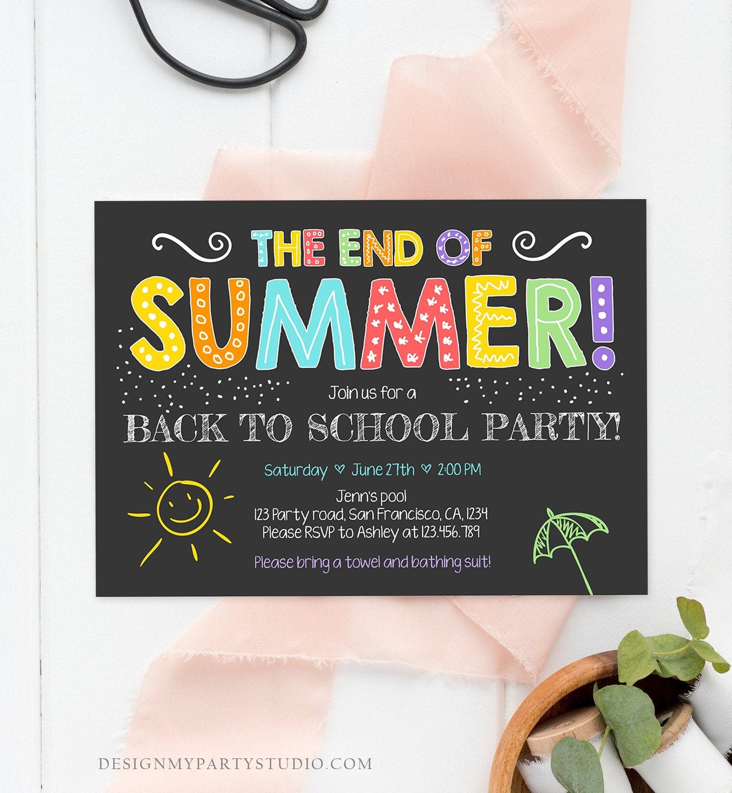 Editable End Of The Summer Pool Party Invitation Back to School Splish Splash Birthday Swimming Download Corjl Template Printable 0156