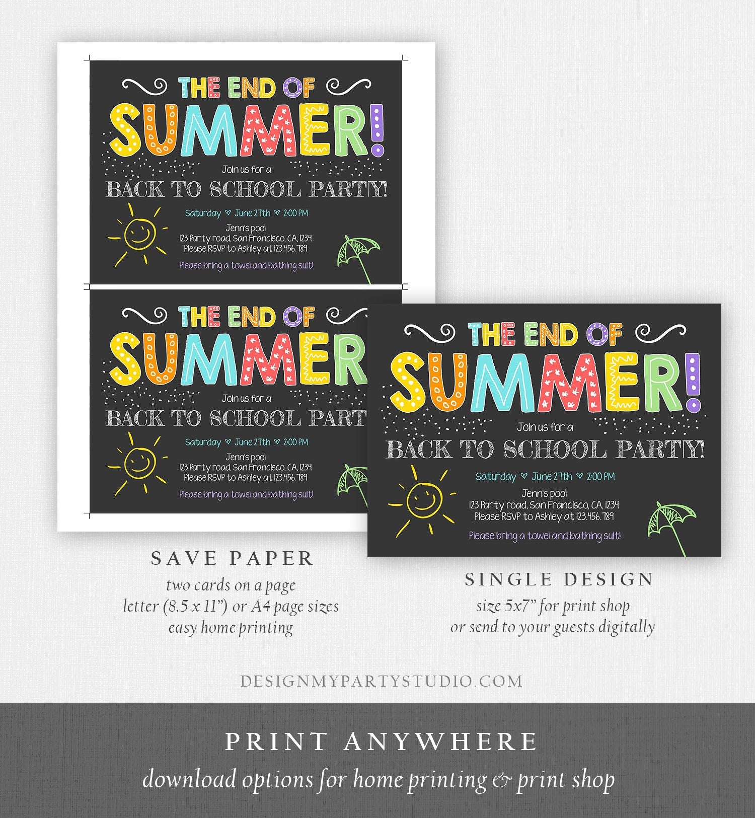 Editable End Of The Summer Pool Party Invitation Back to School Splish Splash Birthday Swimming Download Corjl Template Printable 0156