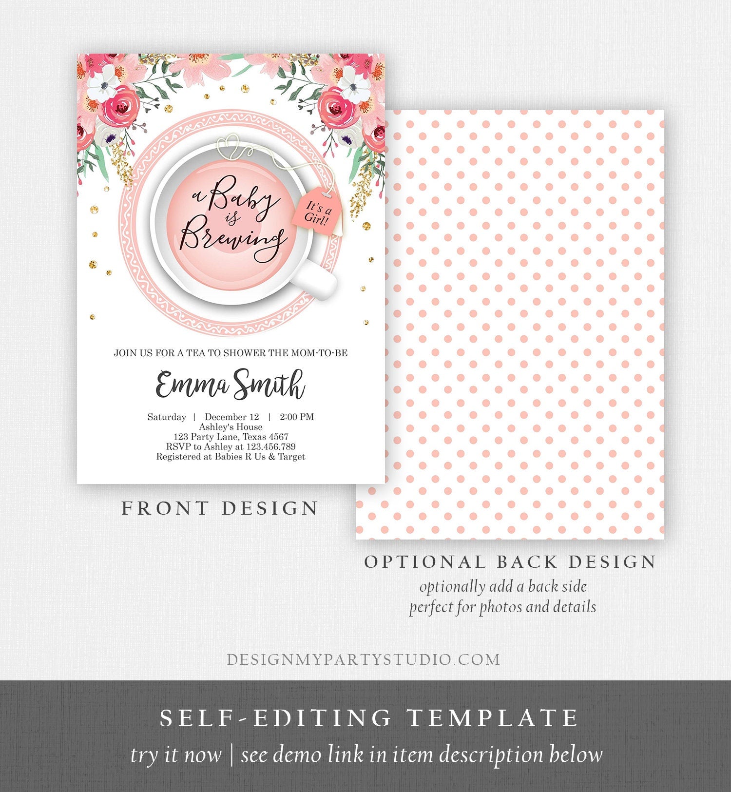 Editable a Baby is Brewing Invitation Girl Baby Shower Invite Pink and Gold Floral Tea Cup Flowers Instant Download Printable Template Corjl