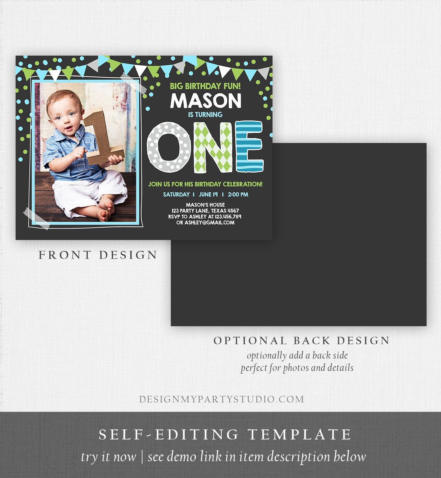 Editable Boy First Birthday Invitation One Green Blue Paper Chalk Confetti 1st Birthday Photo Digital Download Corjl Template Printable 0130