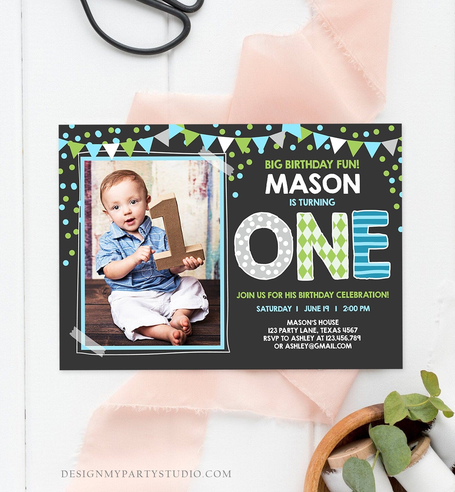 Editable Boy First Birthday Invitation One Green Blue Paper Chalk Confetti 1st Birthday Photo Digital Download Corjl Template Printable 0130