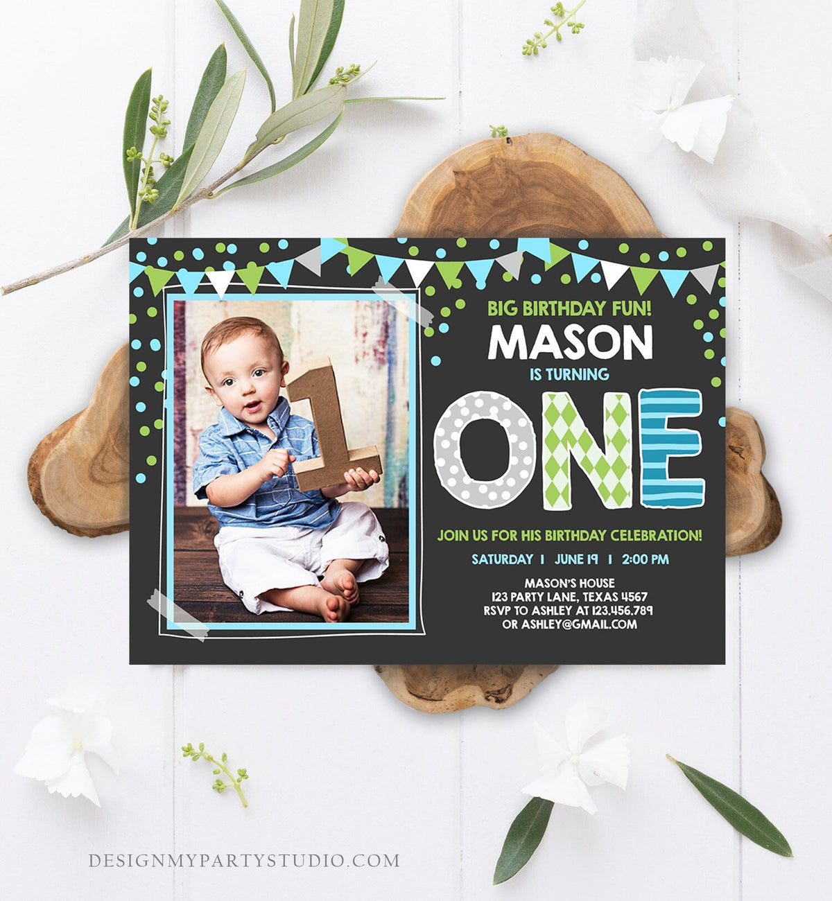 Editable Boy First Birthday Invitation One Green Blue Paper Chalk Confetti 1st Birthday Photo Digital Download Corjl Template Printable 0130