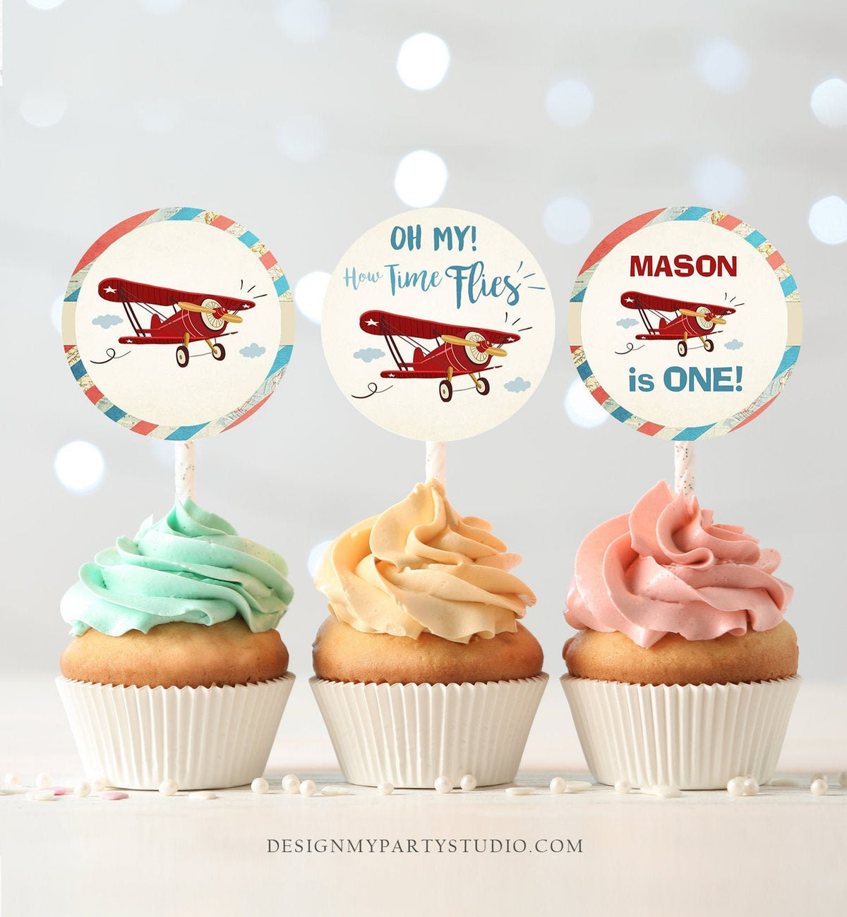 Editable Airplane Cupcake Toppers Birthday Party Round Stickers Plane Shower Boy Vintage Plane Sky Red Blue Download Template Printable 0011