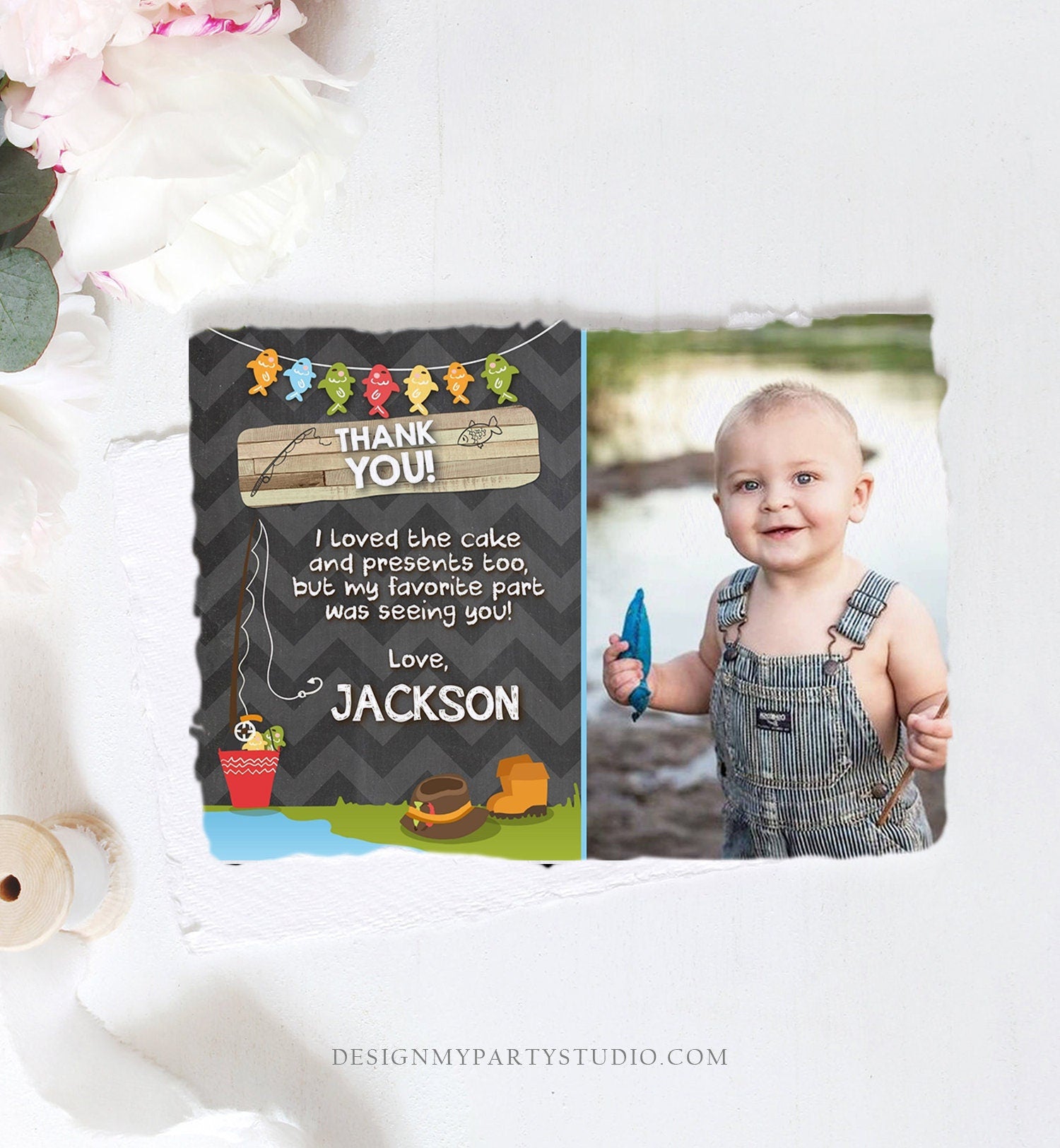 Editable Fishing Thank You Card Boy Birthday o-Fish-Ally Wood 1st First Birthday Gone Fishing Digital Download Template Printable 0080