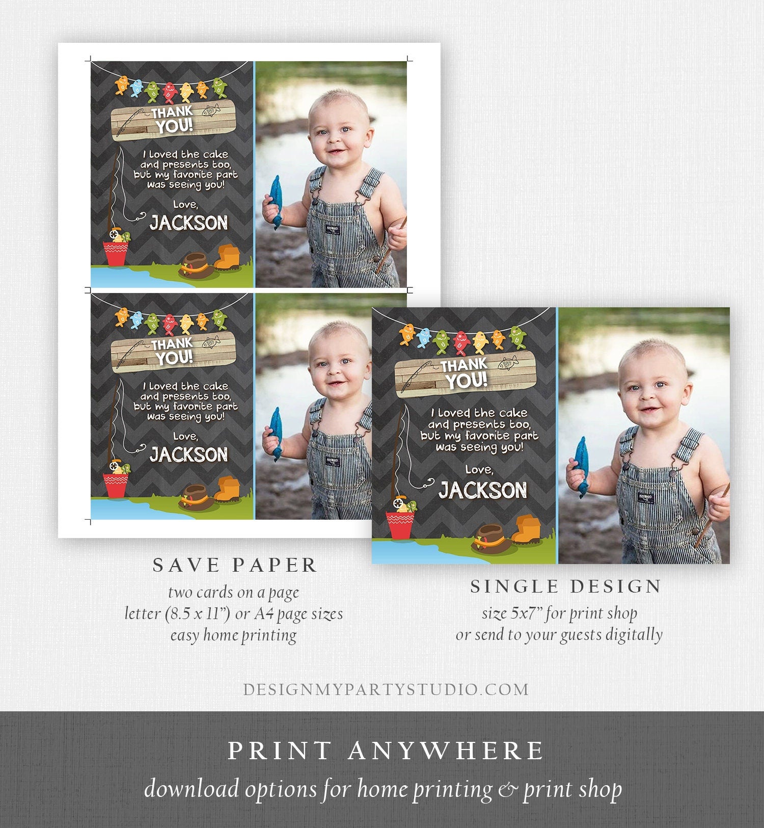 Editable Fishing Thank You Card Boy Birthday o-Fish-Ally Wood 1st First Birthday Gone Fishing Digital Download Template Printable 0080