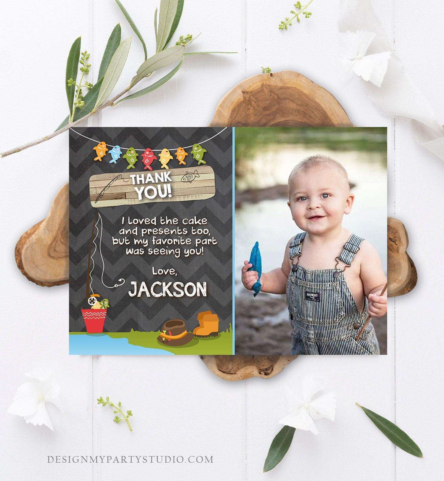 Editable Fishing Thank You Card Boy Birthday o-Fish-Ally Wood 1st First Birthday Gone Fishing Digital Download Template Printable 0080