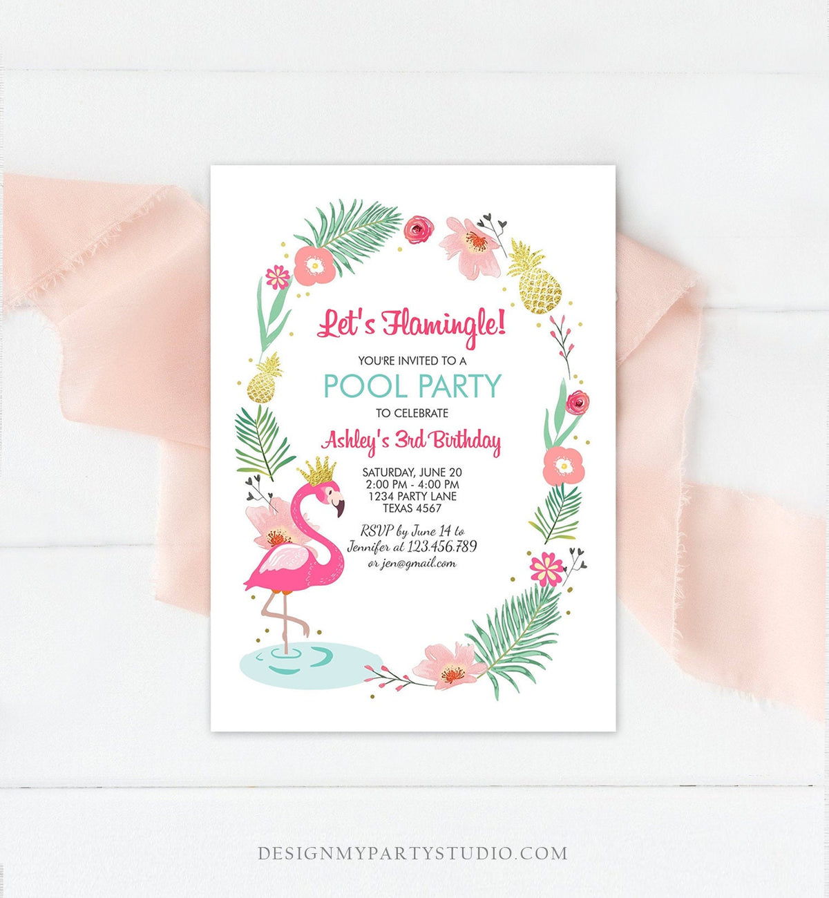 Editable Flamingle Birthday Invitation Girl Tropical Party Flamingo Luau Aloha Pool Party Pink Gold Download Printable Template Corjl 0132