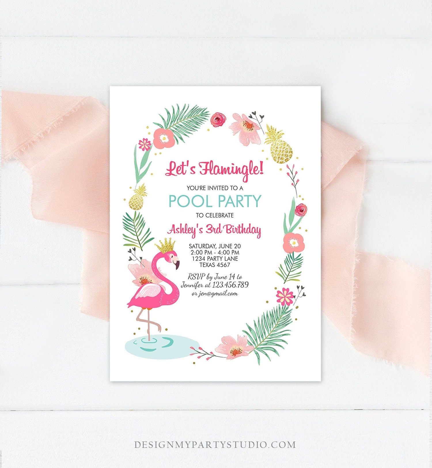 Editable Flamingle Birthday Invitation Girl Tropical Party Flamingo Luau Aloha Pool Party Pink Gold Download Printable Template Corjl 0132