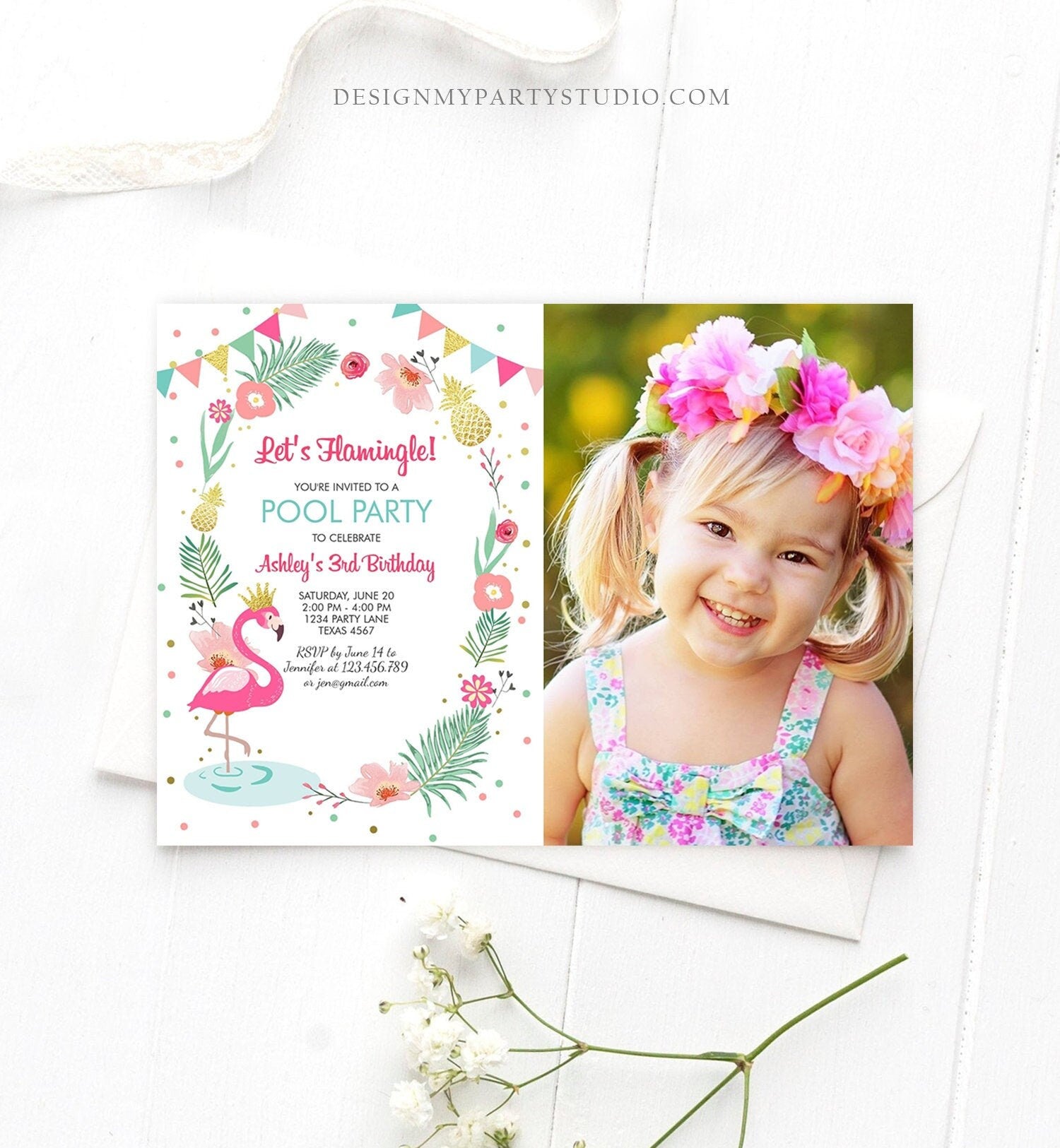 Editable Flamingle Birthday Invitation Girl Tropical Party Flamingo Luau Aloha Pool Party Pink Gold Download Printable Template Corjl 0132