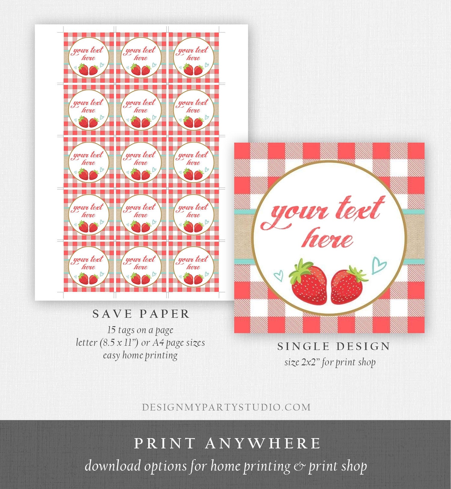 Editable Strawberry Labels Strawberry Birthday Favor Tags Gingham Jam Label Round Jam Stickers Canning Jar Template Corjl PRINTABLE 0091