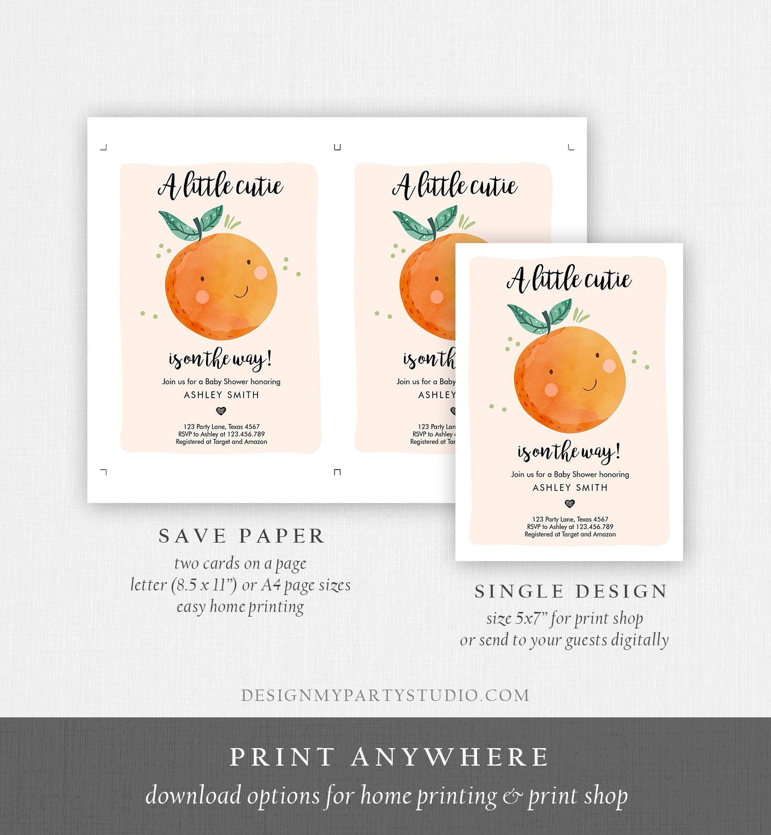 Editable A Little Cutie is on The Way Baby Shower Invitation Clementine Orange Coed Shower Neutral Download Printable Corjl Template 0330