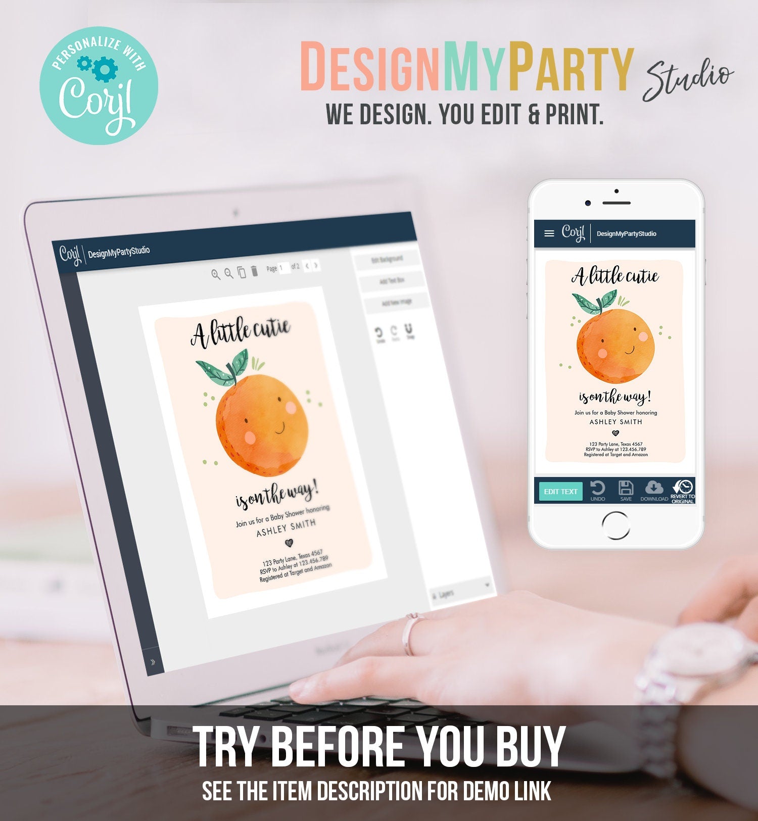 Editable A Little Cutie is on The Way Baby Shower Invitation Clementine Orange Coed Shower Neutral Download Printable Corjl Template 0330