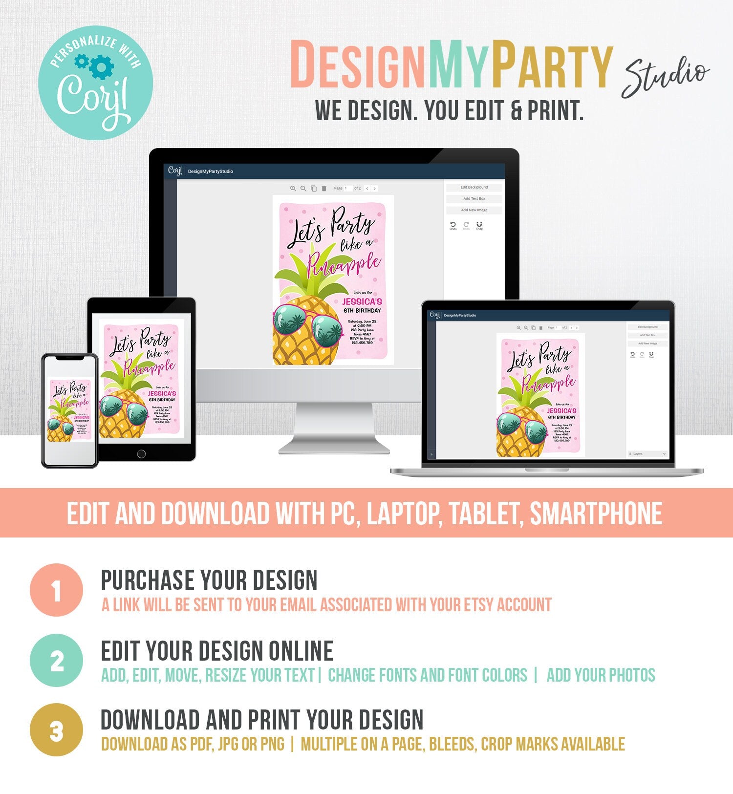 Editable Pineapple Birthday Invitation Lets Party Like a Pineapple Invite Tropical Party Aloha Girl Download Printable Template Corjl 0203