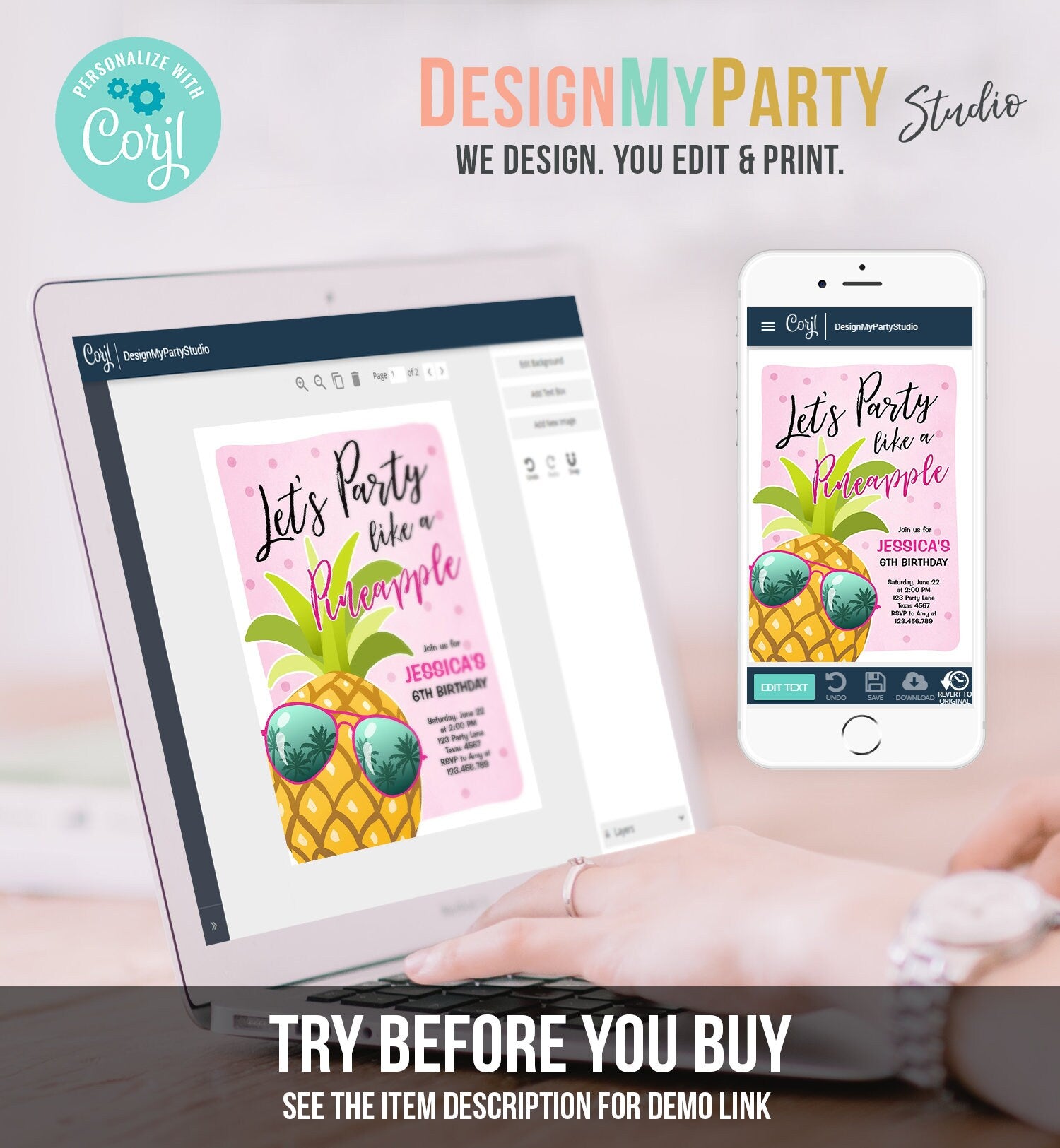 Editable Pineapple Birthday Invitation Lets Party Like a Pineapple Invite Tropical Party Aloha Girl Download Printable Template Corjl 0203