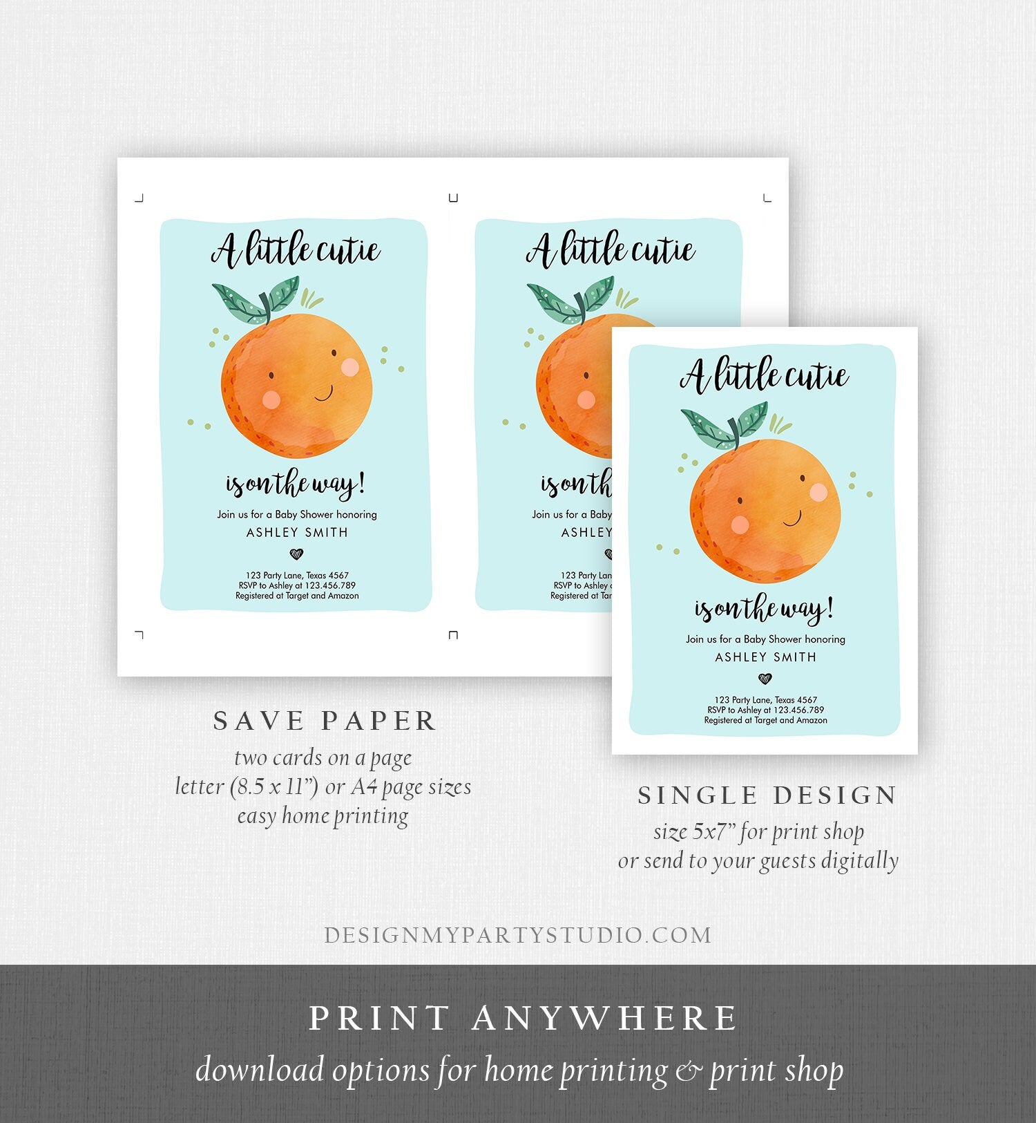 Editable A Little Cutie is on The Way Baby Shower Invitation Clementine Orange Coed Shower Boy Blue Download Printable Corjl Template 0330