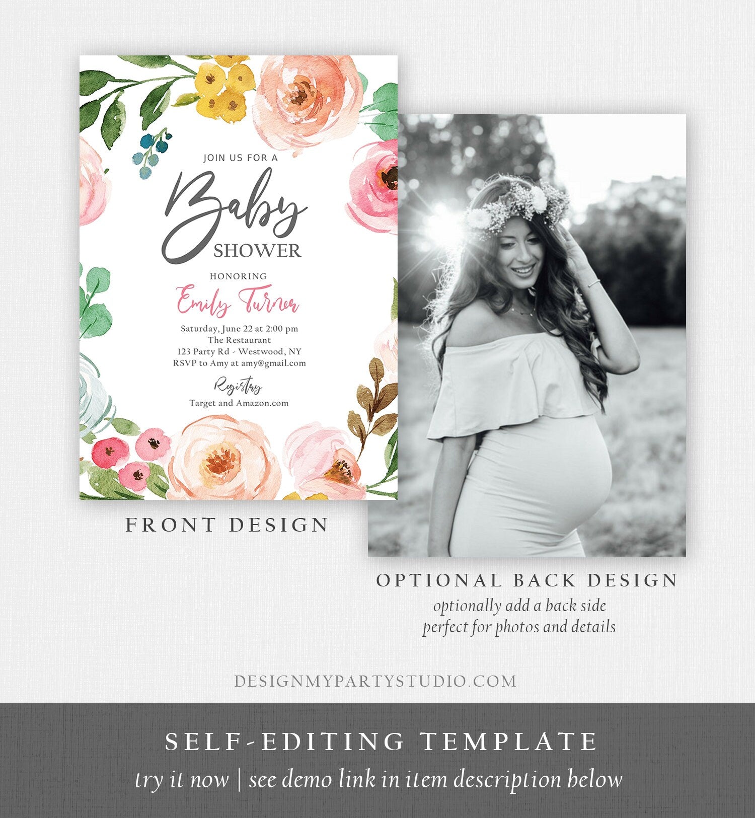 Editable Floral Baby Shower Invitation Floral Pink Bohemian Baby Sprinkle Shower for Girl Spring Summer Boho Printable Corjl Template 0166