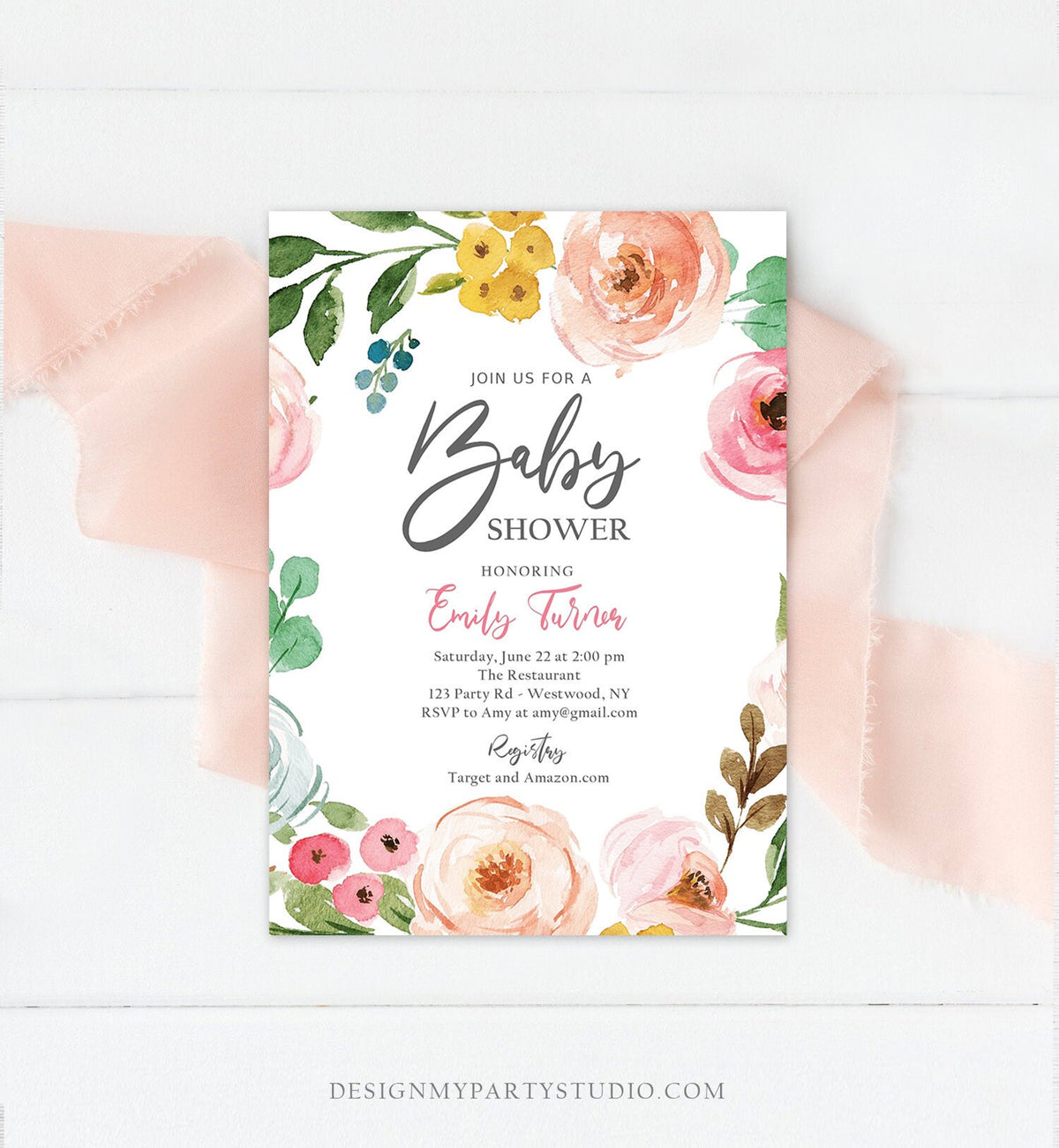 Editable Floral Baby Shower Invitation Floral Pink Bohemian Baby Sprinkle Shower for Girl Spring Summer Boho Printable Corjl Template 0166