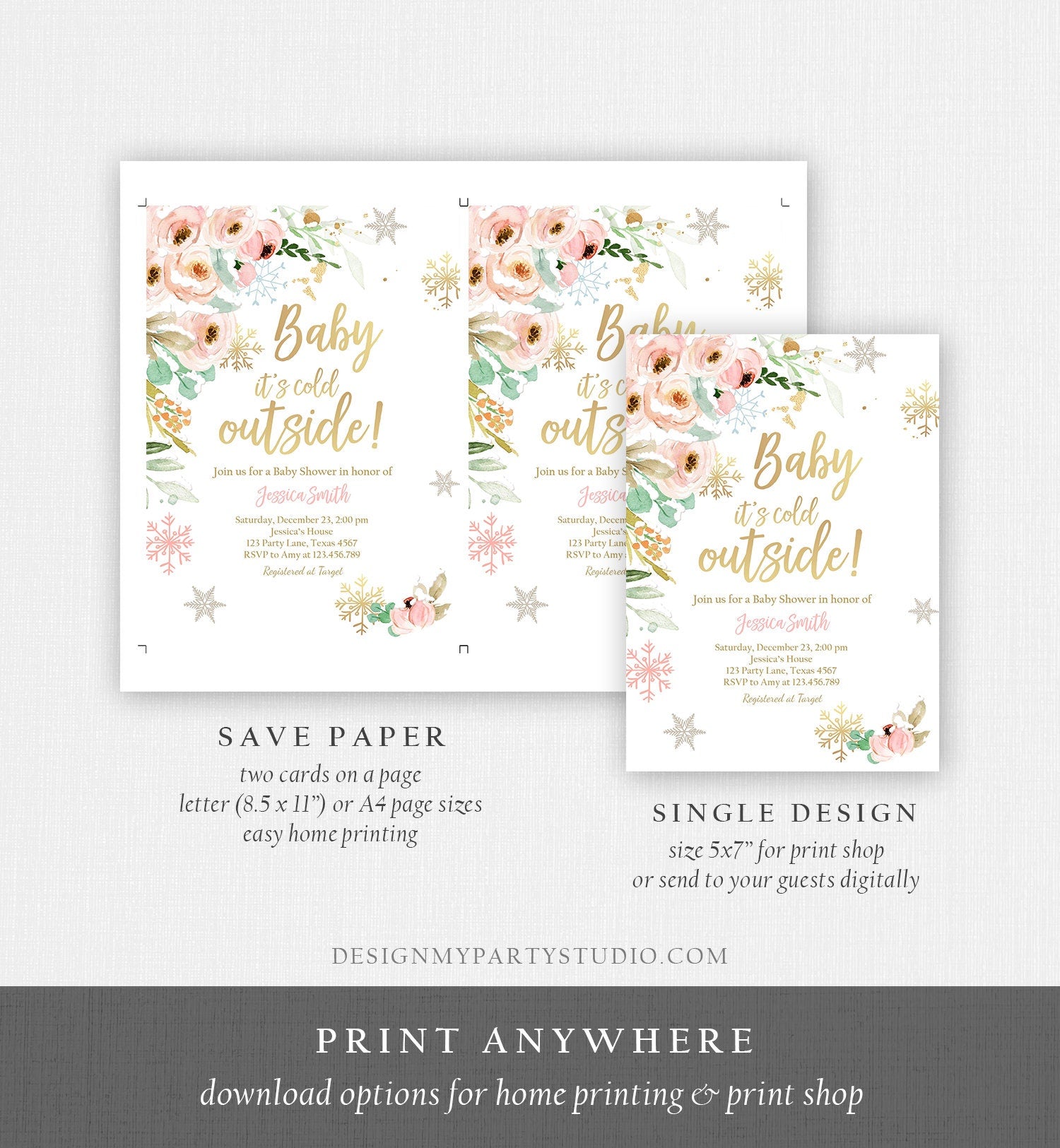 Editable Baby It's Cold Outside Baby Shower Invitation Pink Floral Gold Girl Winter Snow Flowers Download Corjl Template Printable 0184