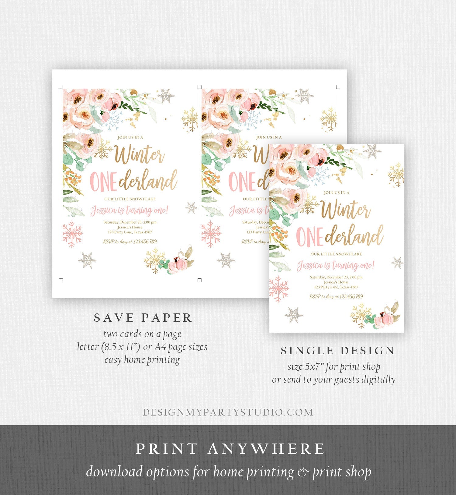 Editable Winter ONEderland Birthday Invitation Floral First Birthday Snowflake Girl Pink Gold Wonderland Evite Template Printable 0184