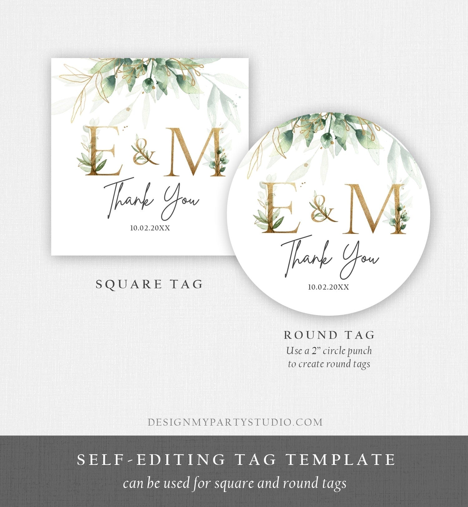 Editable Gold Greenery Favor Tag Monogram Round Square Thank You Tag Sticker Gold Leaves Botanical Bohemian Corjl Template Printable 0168