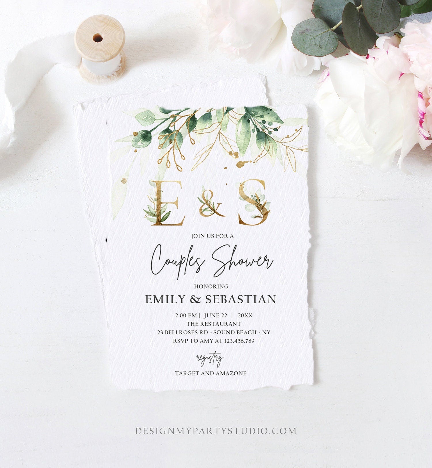 Editable Gold Greenery Monogram Couples Shower Invitation Bohemian Green Floral Gold Bridal Botanical Flower Digital Template Printable 0168