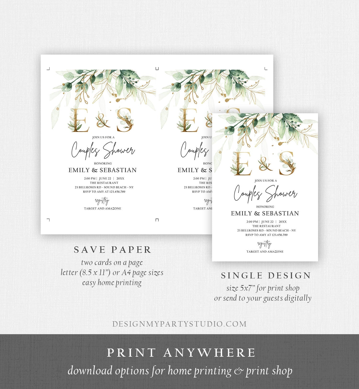 Editable Gold Greenery Monogram Couples Shower Invitation Bohemian Green Floral Gold Bridal Botanical Flower Digital Template Printable 0168