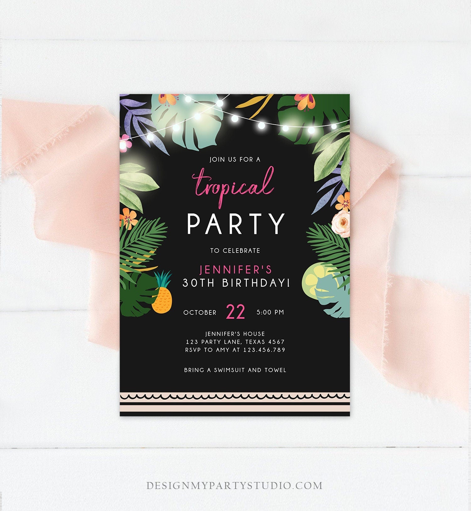 Editable Tropical Birthday Invitation Tropical Party Adult 30th 40th Birthday Pink Woman Palm Leaves Hawaiian Printable Template Corjl 0183