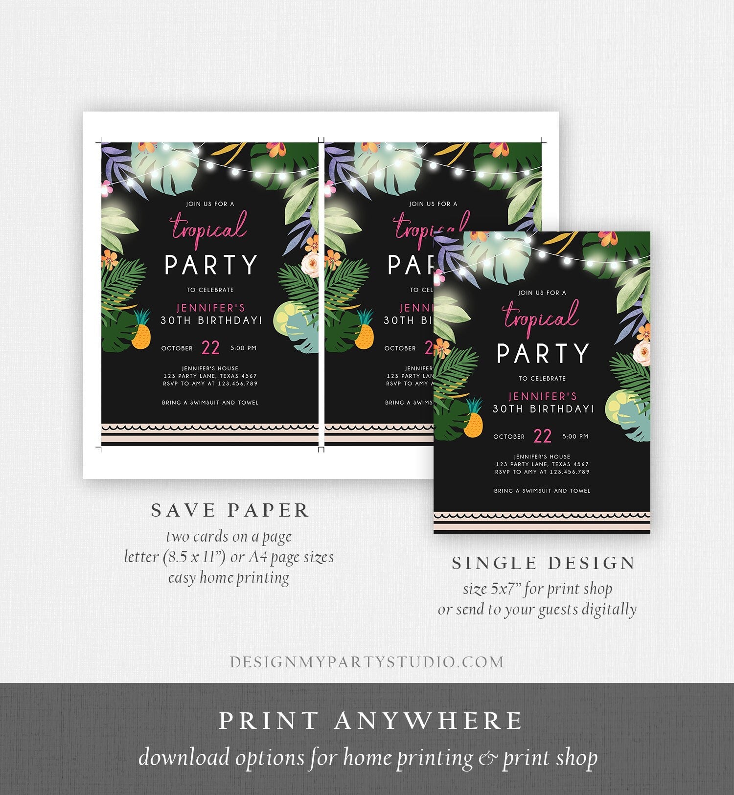 Editable Tropical Birthday Invitation Tropical Party Adult 30th 40th Birthday Pink Woman Palm Leaves Hawaiian Printable Template Corjl 0183