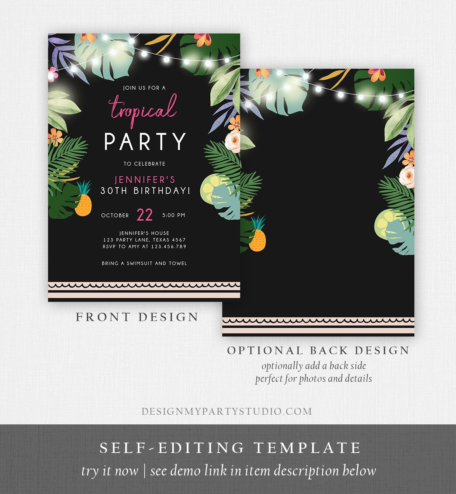 Editable Tropical Birthday Invitation Tropical Party Adult 30th 40th Birthday Pink Woman Palm Leaves Hawaiian Printable Template Corjl 0183