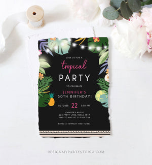 Editable Tropical Birthday Invitation Tropical Party Adult 30th 40th Birthday Pink Woman Palm Leaves Hawaiian Printable Template Corjl 0183