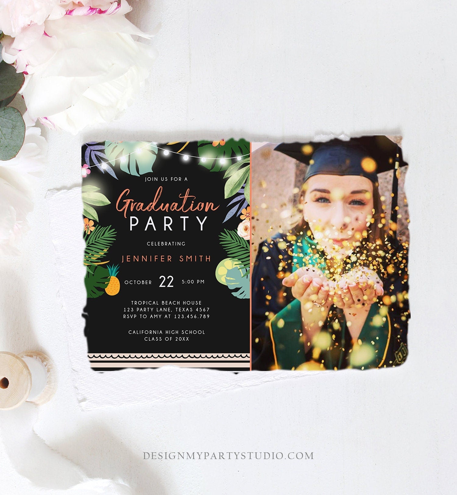 Editable Tropical Graduation Party Invitation Luau Class of College High School Grad Party Palm Graduate Hawaiian Template Corjl 0183