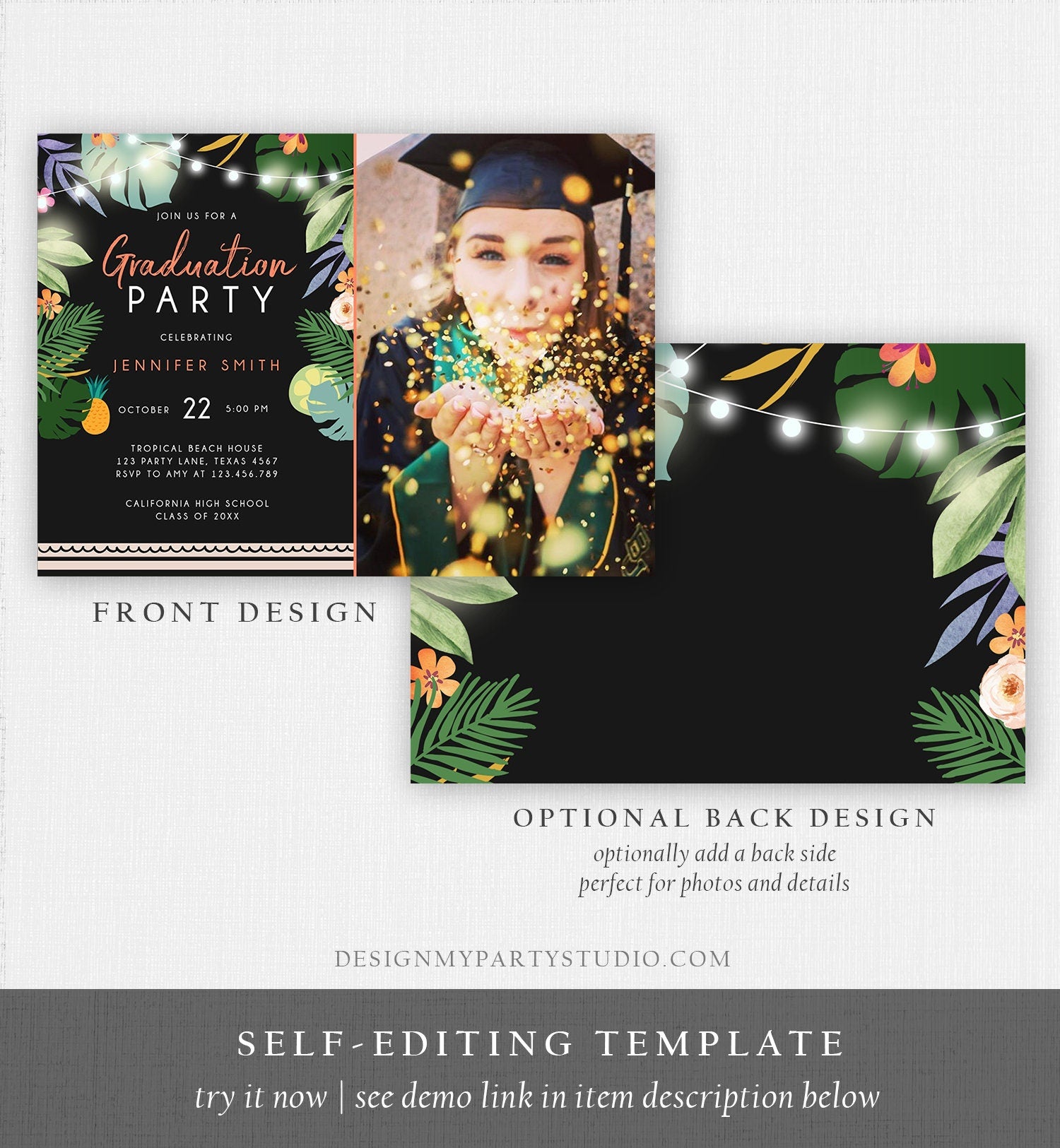 Editable Tropical Graduation Party Invitation Luau Class of College High School Grad Party Palm Graduate Hawaiian Template Corjl 0183