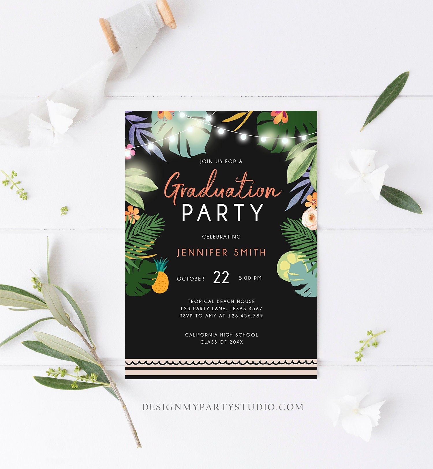 Editable Tropical Graduation Party Invitation Luau Class of College High School Grad Party Palm Graduate Hawaiian Template Corjl 0183