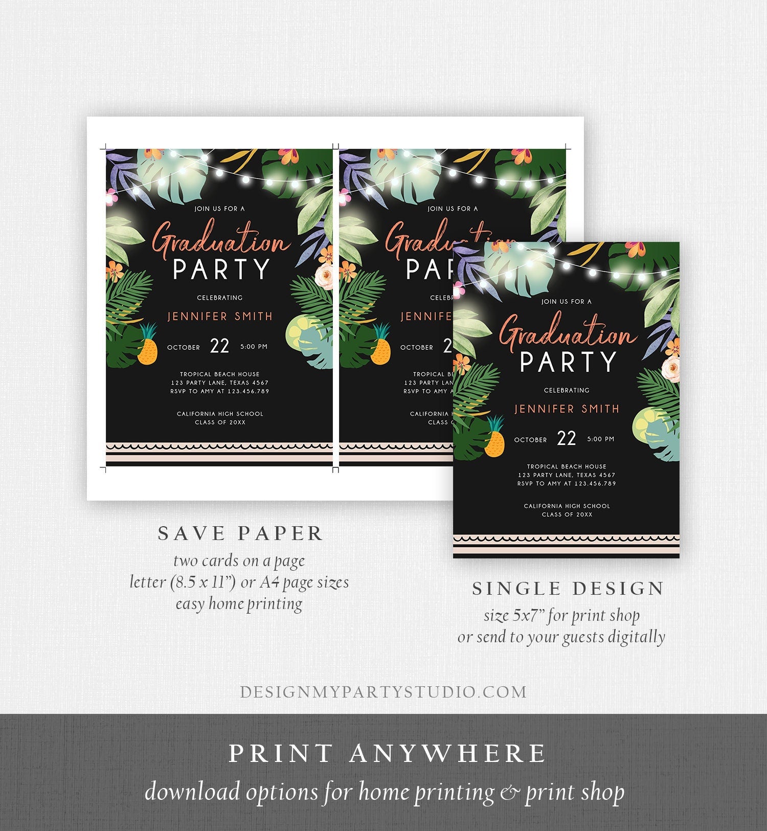 Editable Tropical Graduation Party Invitation Luau Class of College High School Grad Party Palm Graduate Hawaiian Template Printable 0183